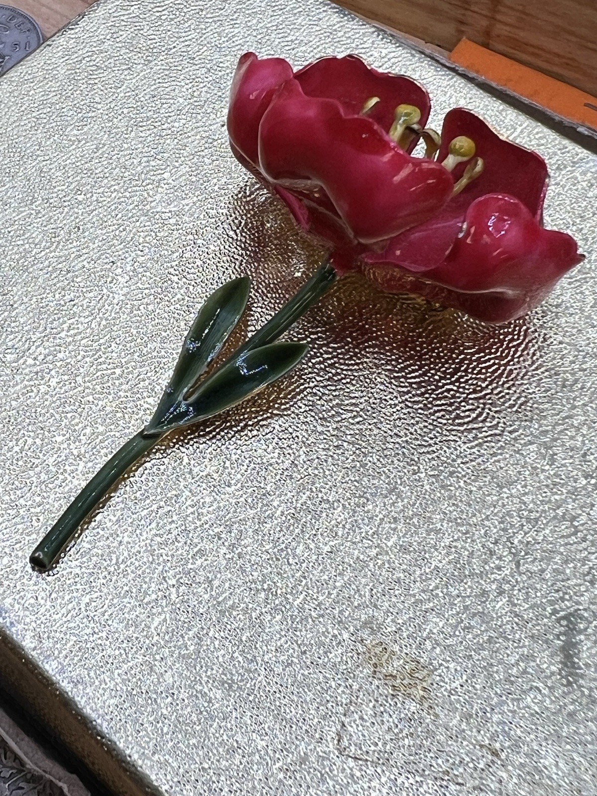 Vintage Original By Robert Gold Tone Enamel Painted Flower Brooch 2.5”