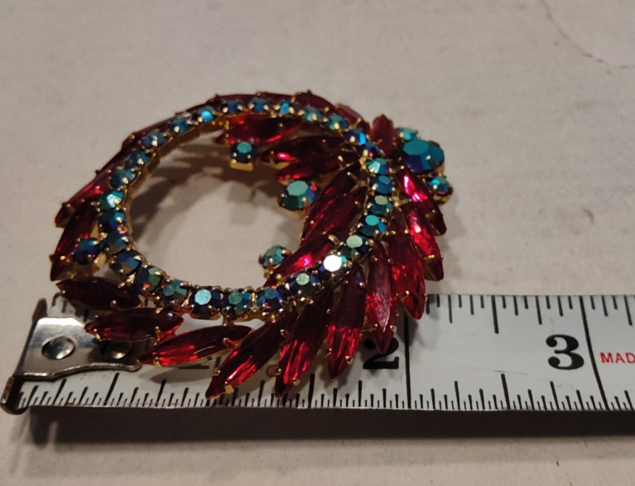 Vintage Red & Iridescent Rhinestone 2 1/4″ Round Brooch