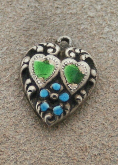 VINTAGE STERLING PUFFY HEART CHARM – Two Small Hearts and Flower with Enamel