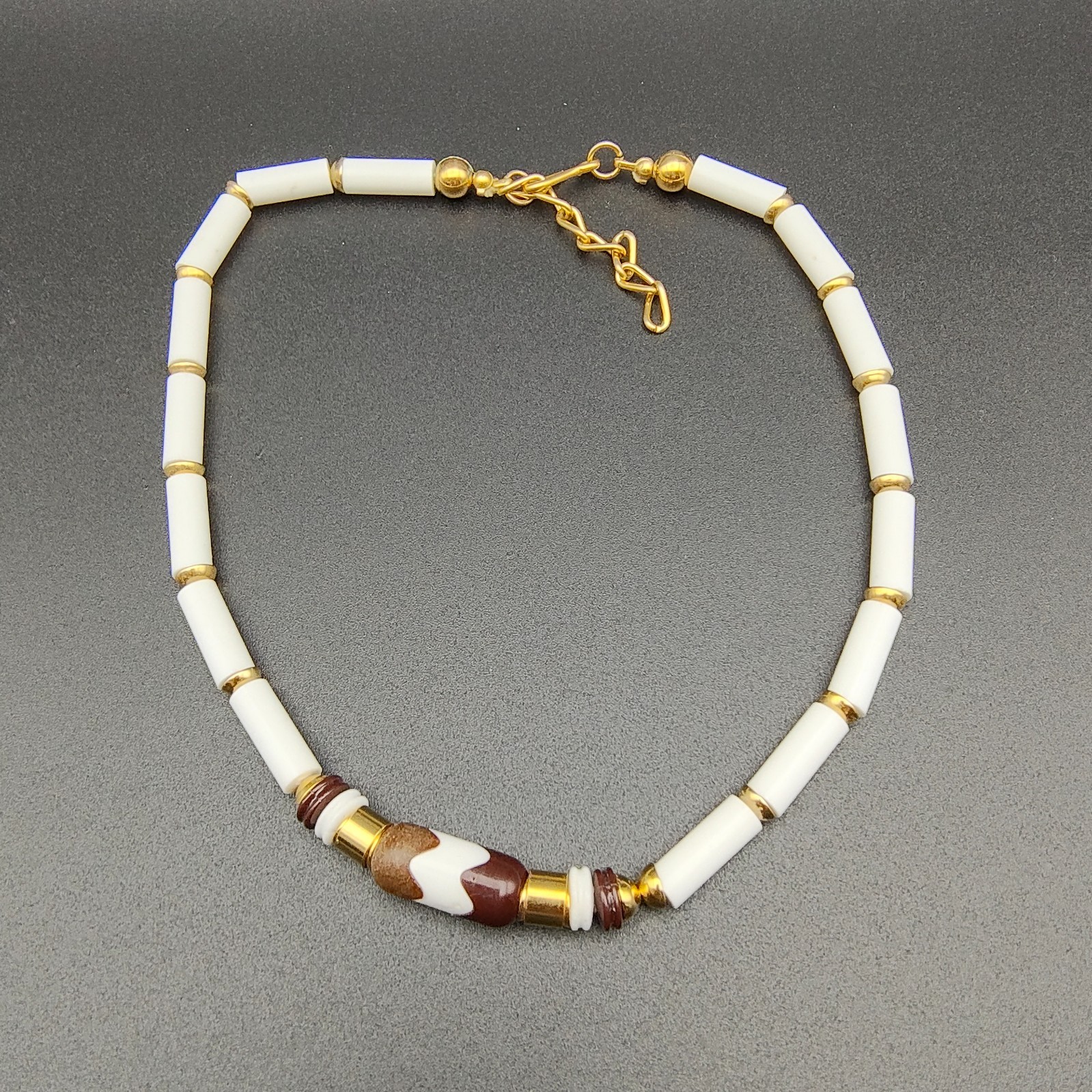 Vintage Boho Ethnic Beaded Statement Necklace White Brown Gold Tone Plastic 70s