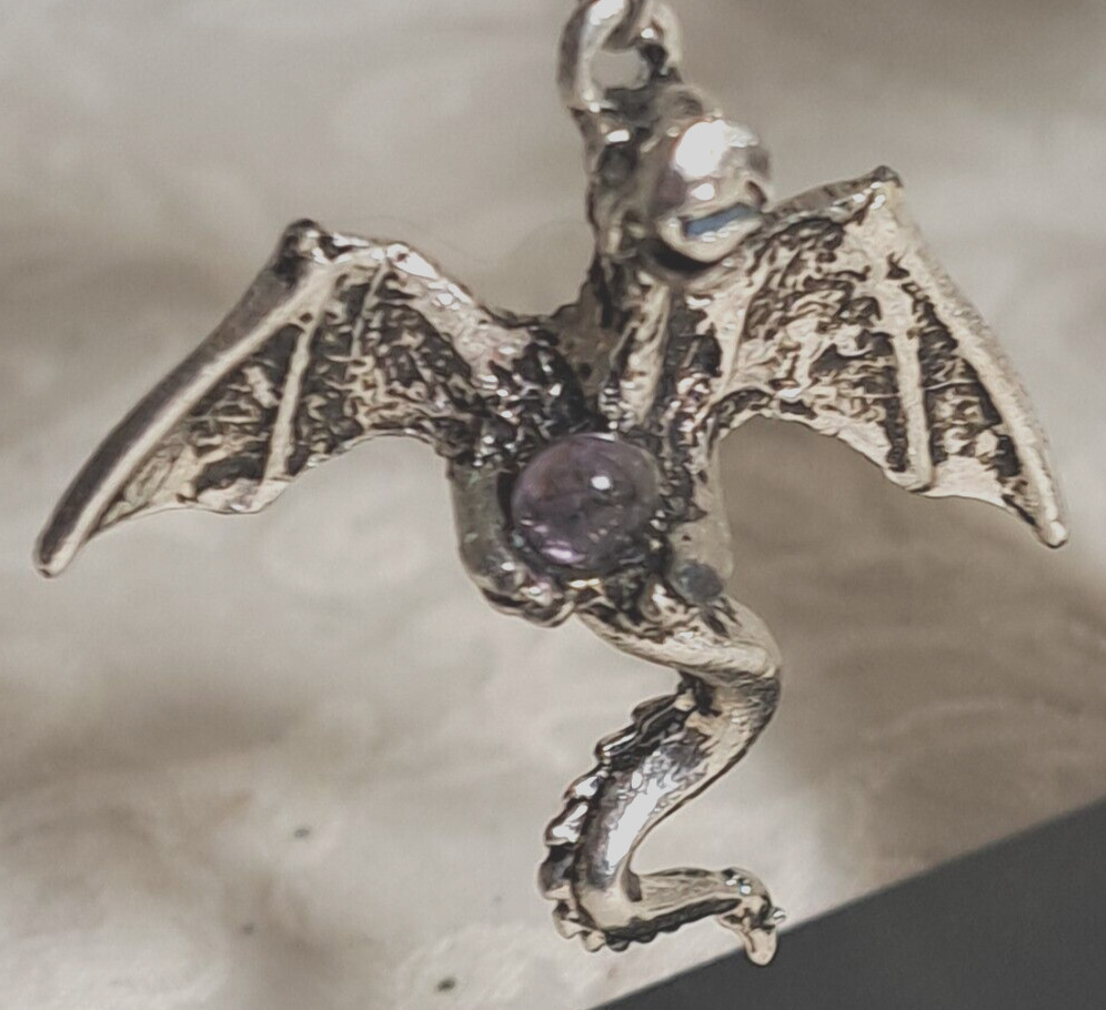 Vintage Fine Metal Dragon Serpent Pierced Earrings Purple Crystal Ball 2.25×1.5