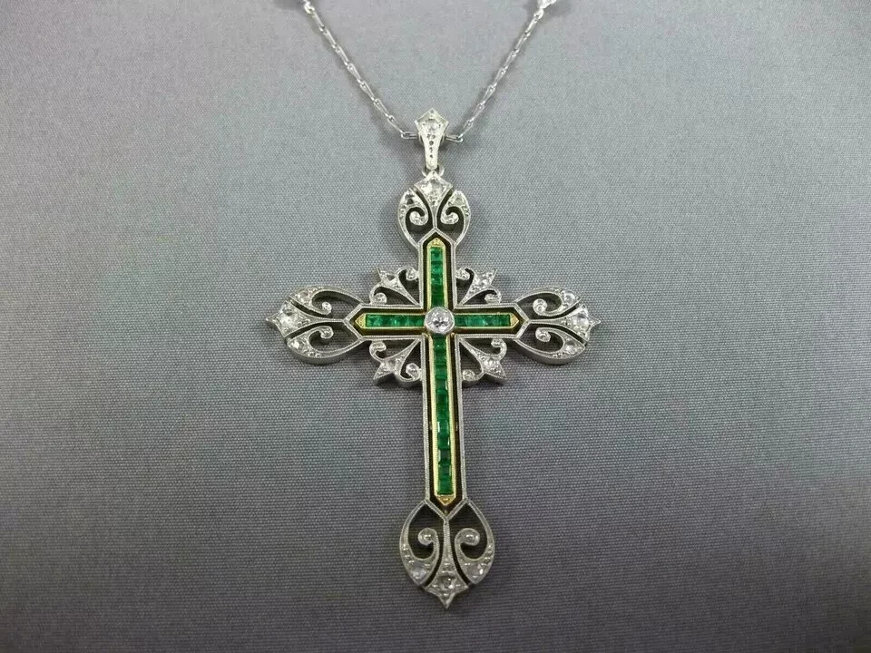 3CT Art Deco Vintage Style Cross Pendant Lab Created Diamond 14k White Gold FN