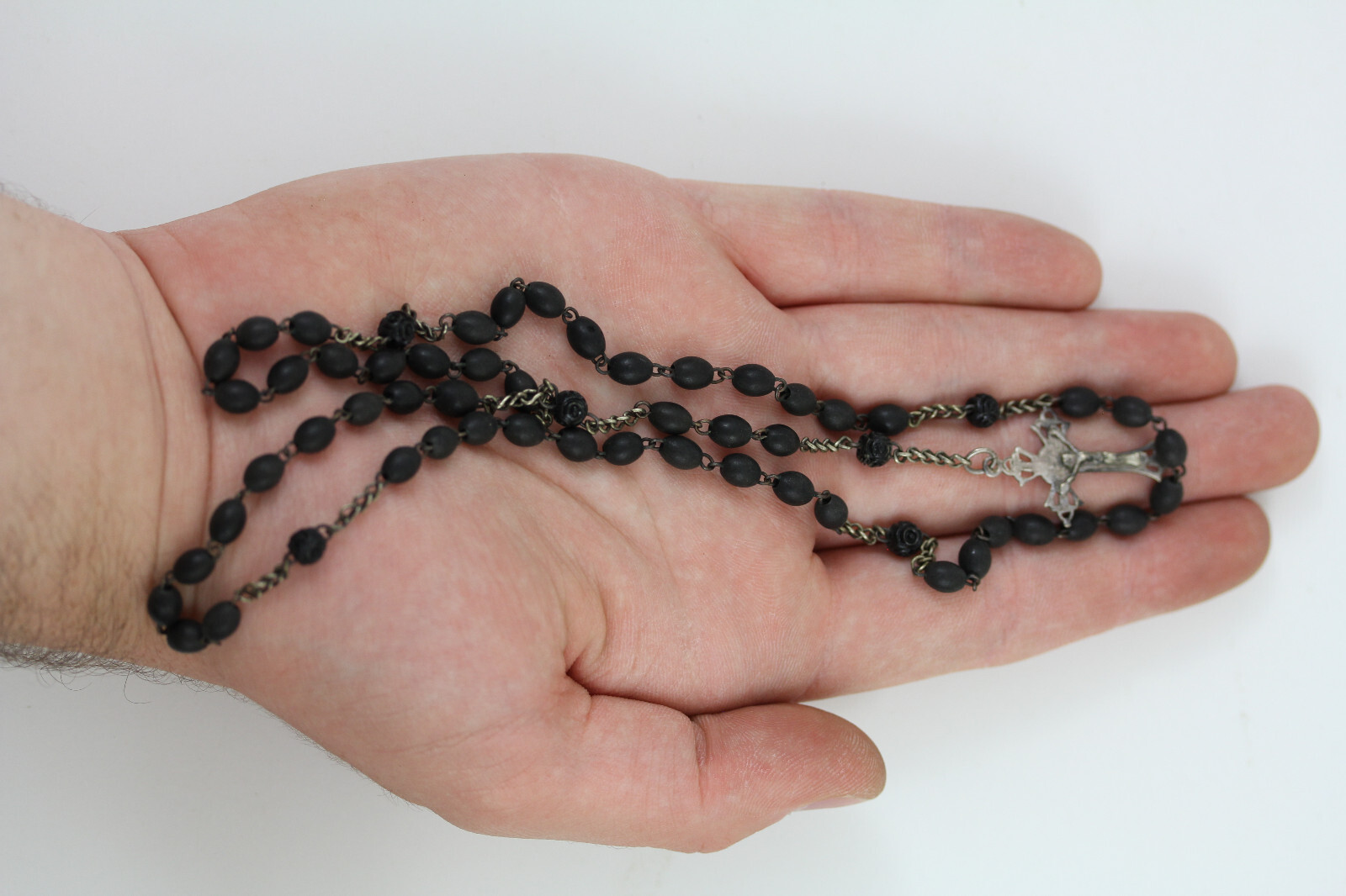 ANTIQUE ROSE ROSARY BEADS CROSS CRUCIFIX STERLING SILVER CHAIN 925 PRAYER