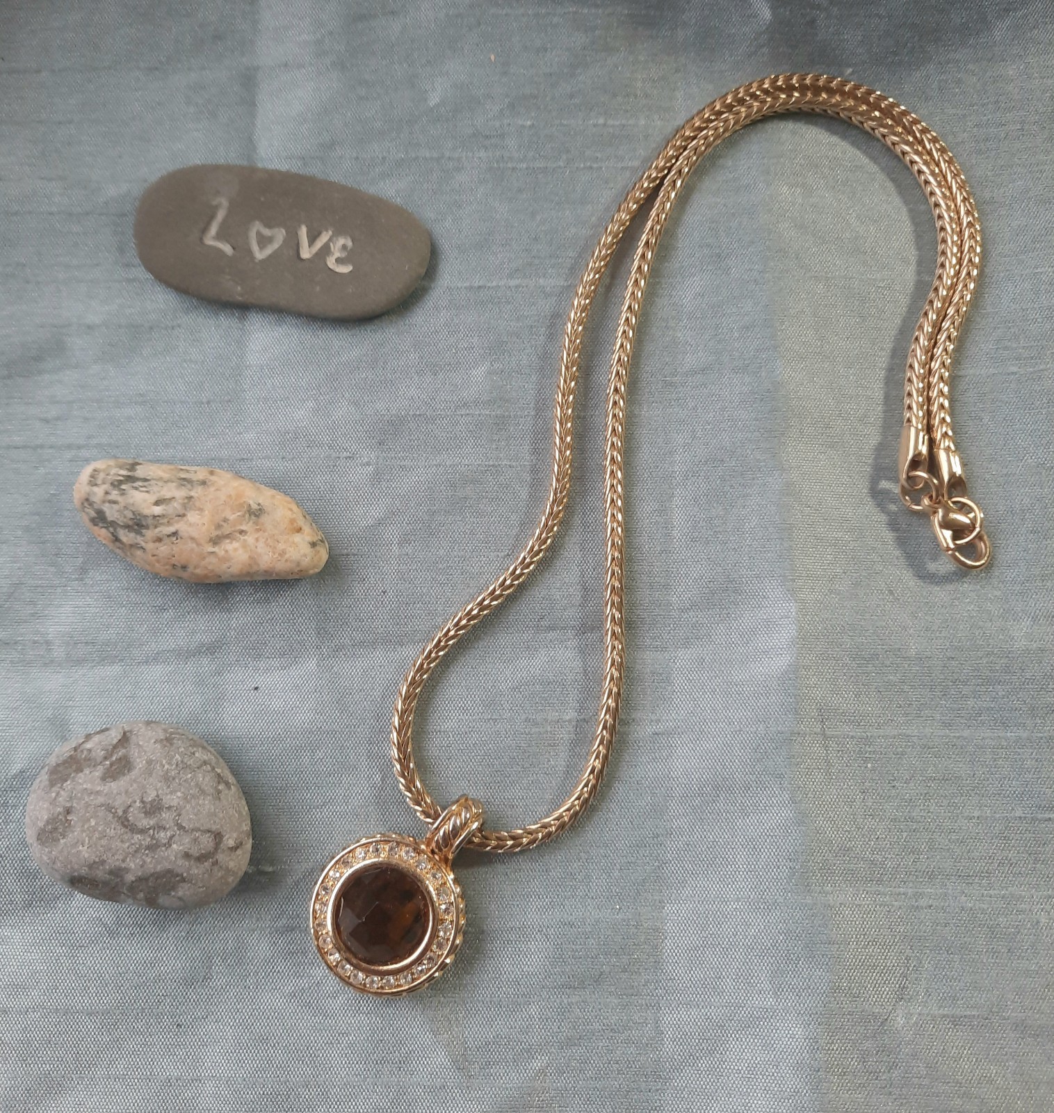 Vintage 80s Smoky Topaz & Clear Crystal Pendant Necklace Goldtone Chain