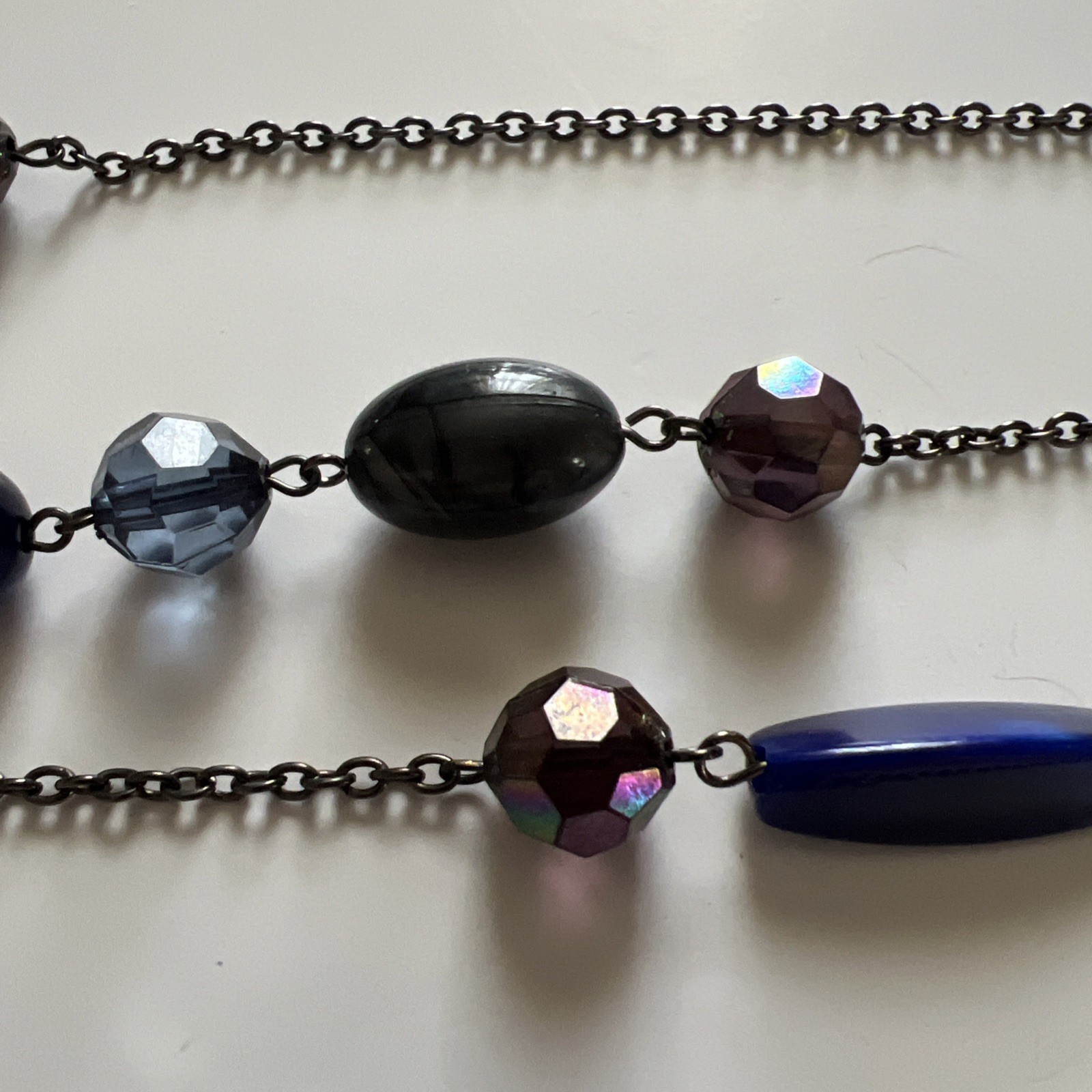 Vintage Long Necklace Blue Glass Beads Stones Different Shapes & Hues 46” Long