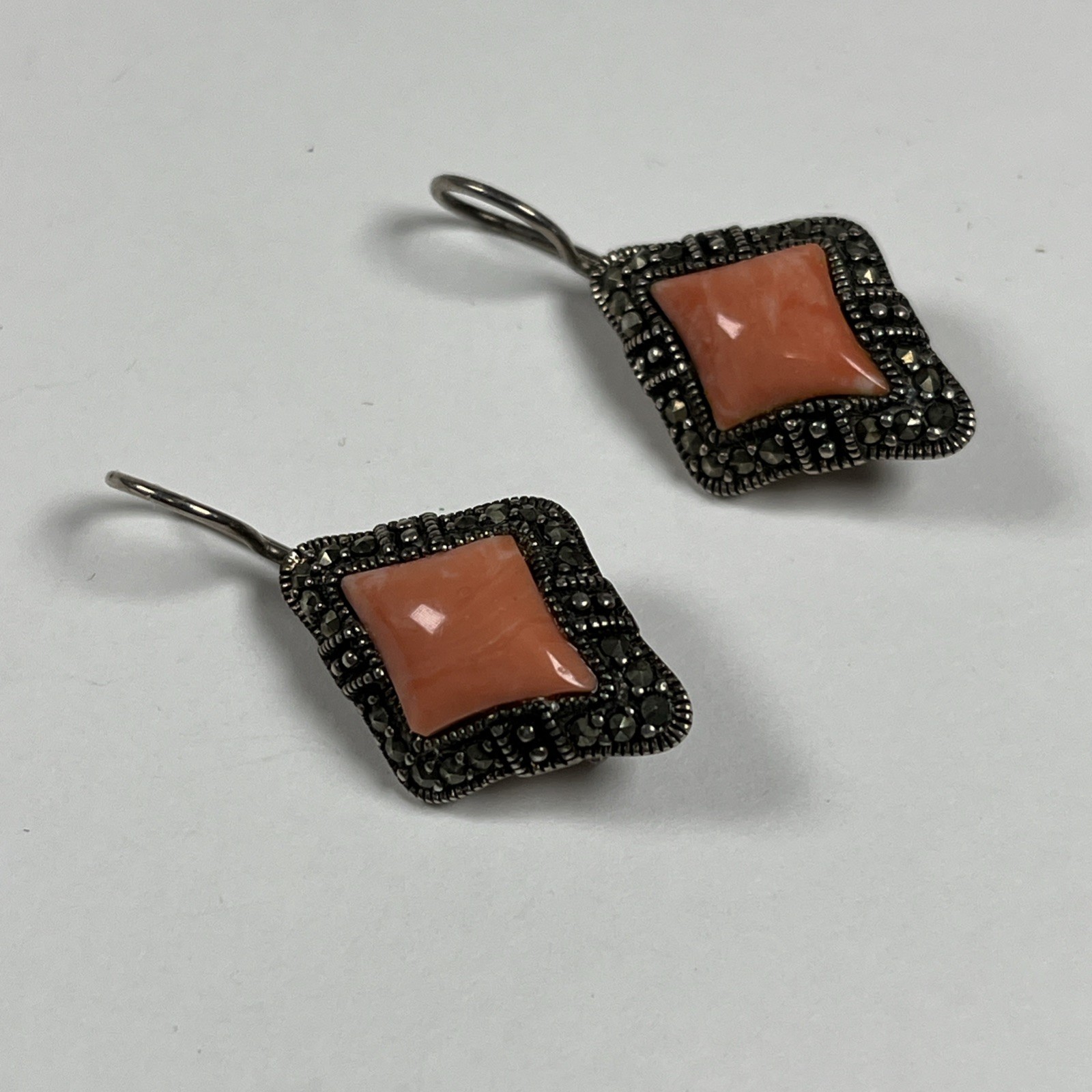 A 925 Vintage Sterling Silver 925 Marcasite Faux Coral Dangle Earrings 6.9g
