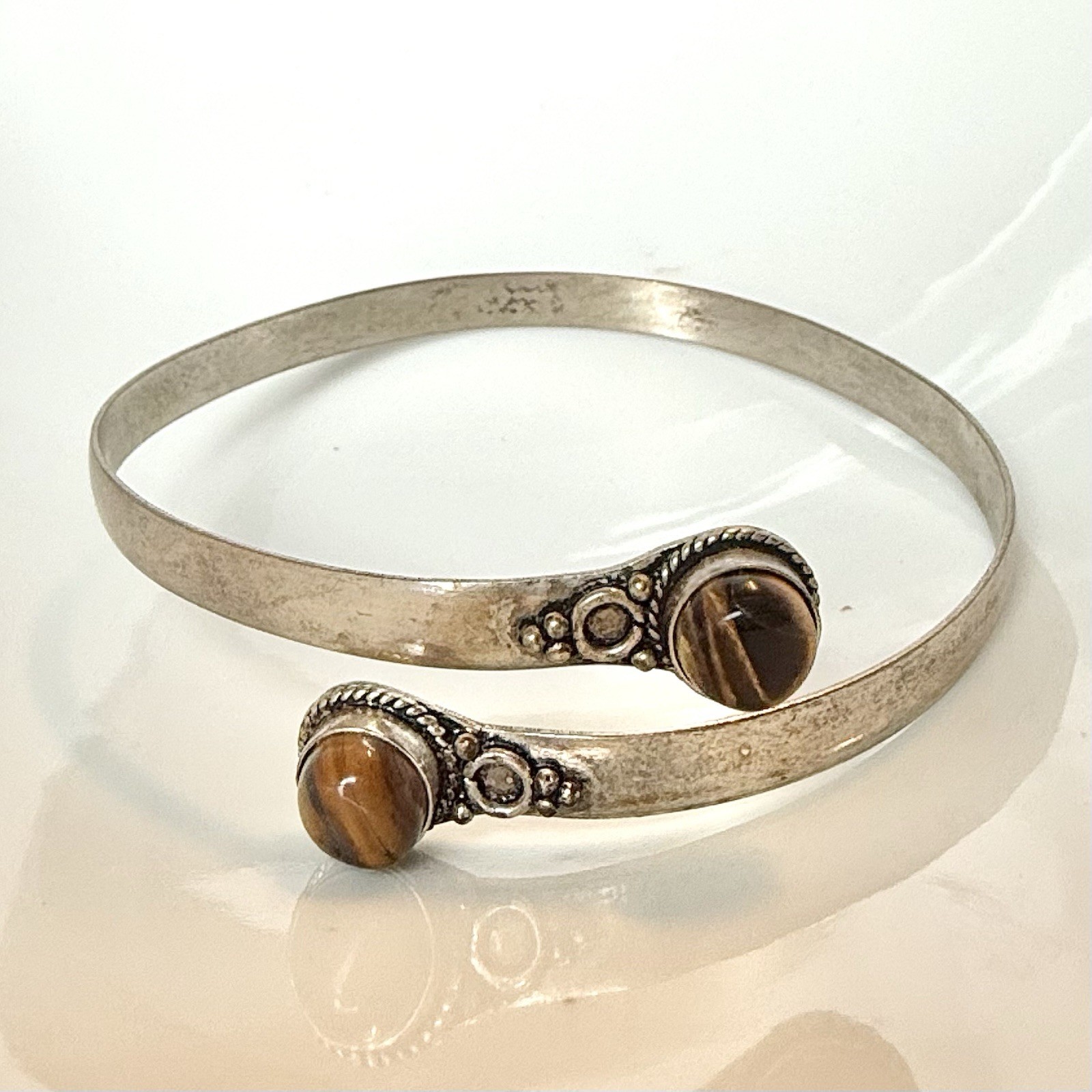 Ethnic Tiger’s Eye Gemstone Silver Tone Adjustable Cuff Bracelet / Arm Band 9.5”