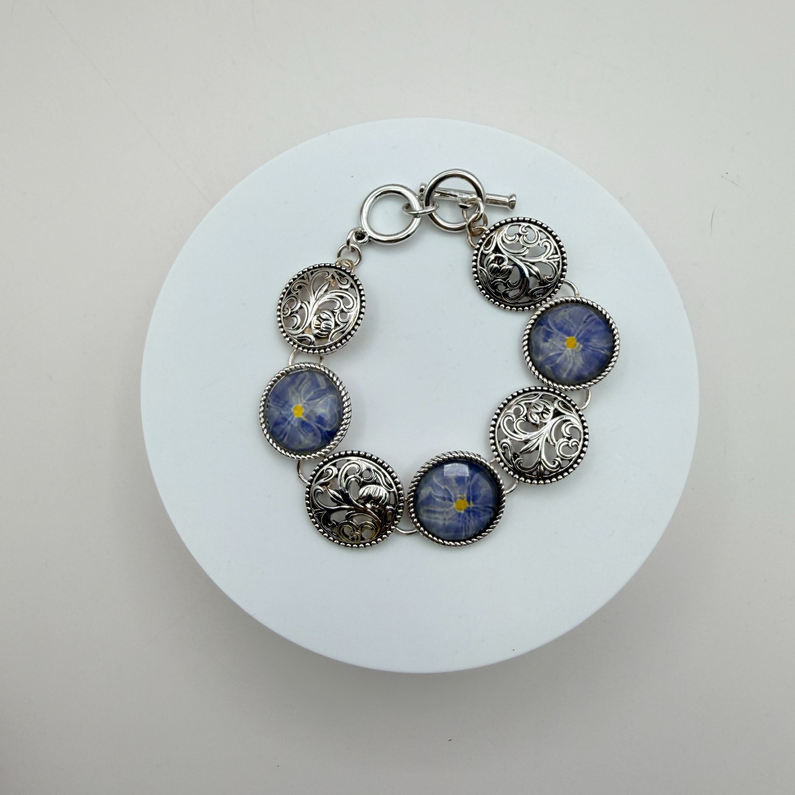 Vintage 90s Silver Tone Blue Flower Glass Cabochon Classic Fashion Jewelry Set