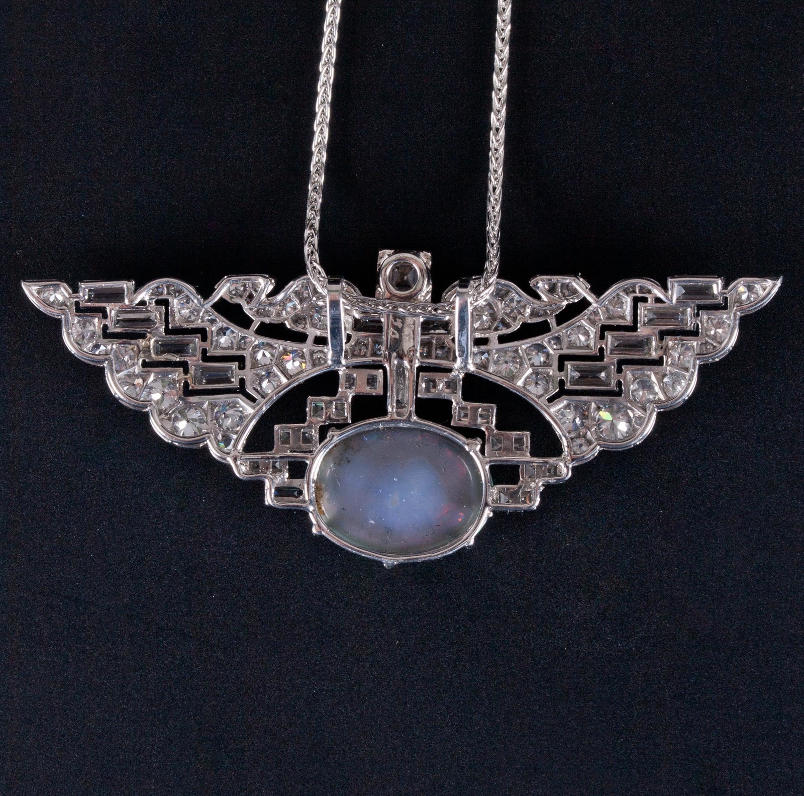 Vintage 1930’s .950 Platinum Oval Cabochon AAA Opal Diamond Necklace 7.89ctw