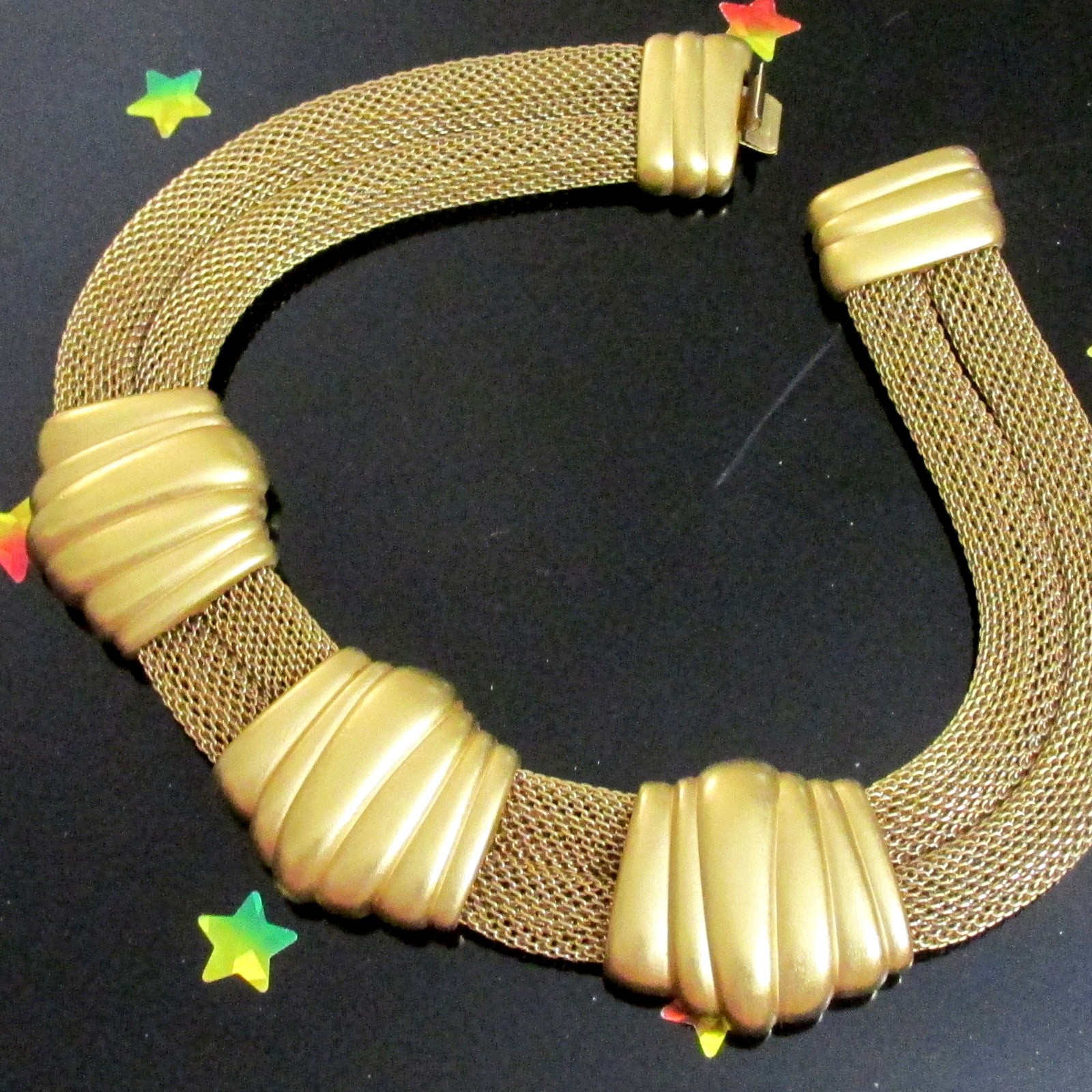 Vtg Runway MONET Double Mesh Chain Satin Gilt Station Modernist Necklace Weighty