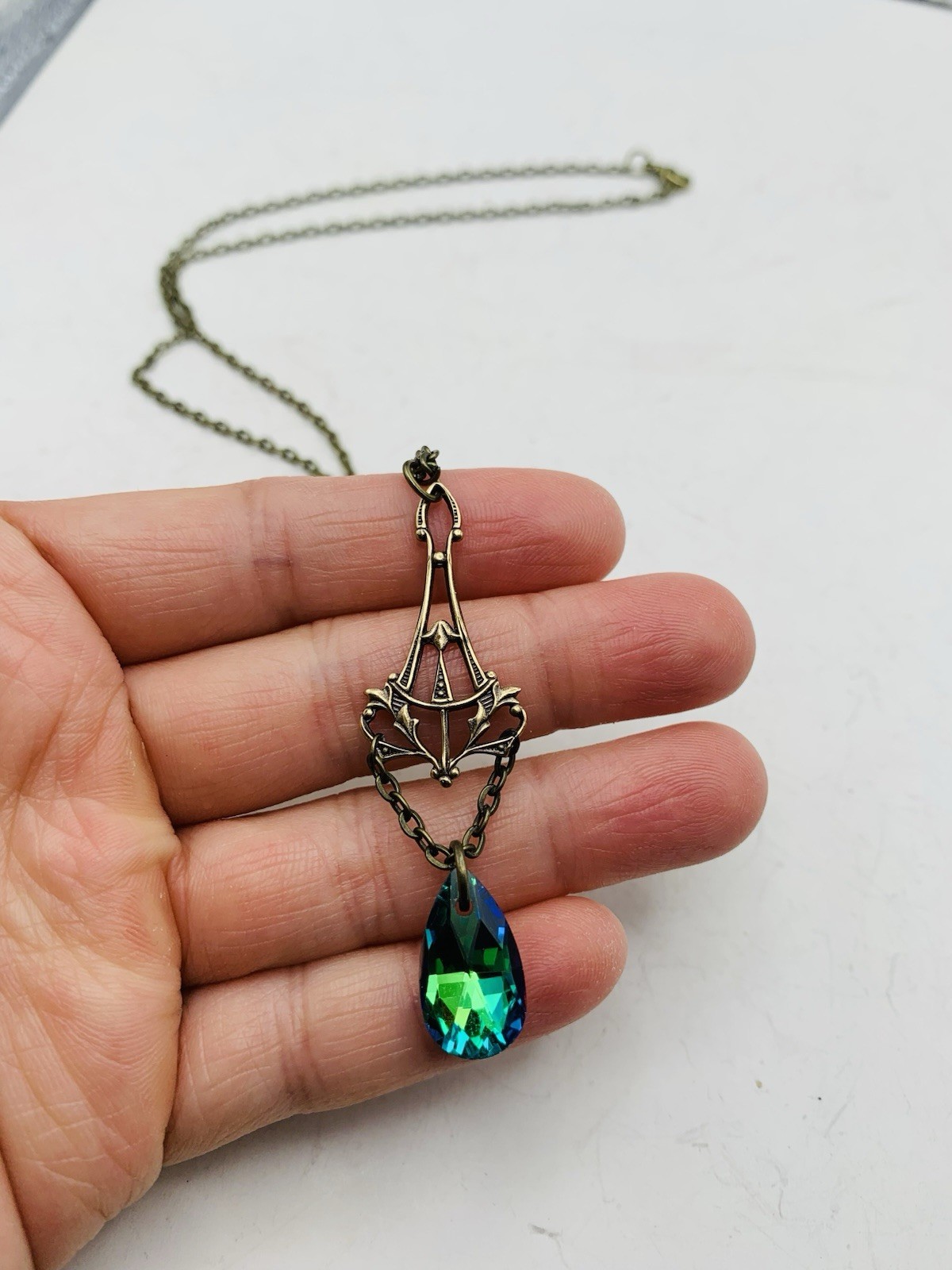 Vintage Style Art Nouveau Bronze Tone Mermaid Blue Teardrop Drop-down Necklace