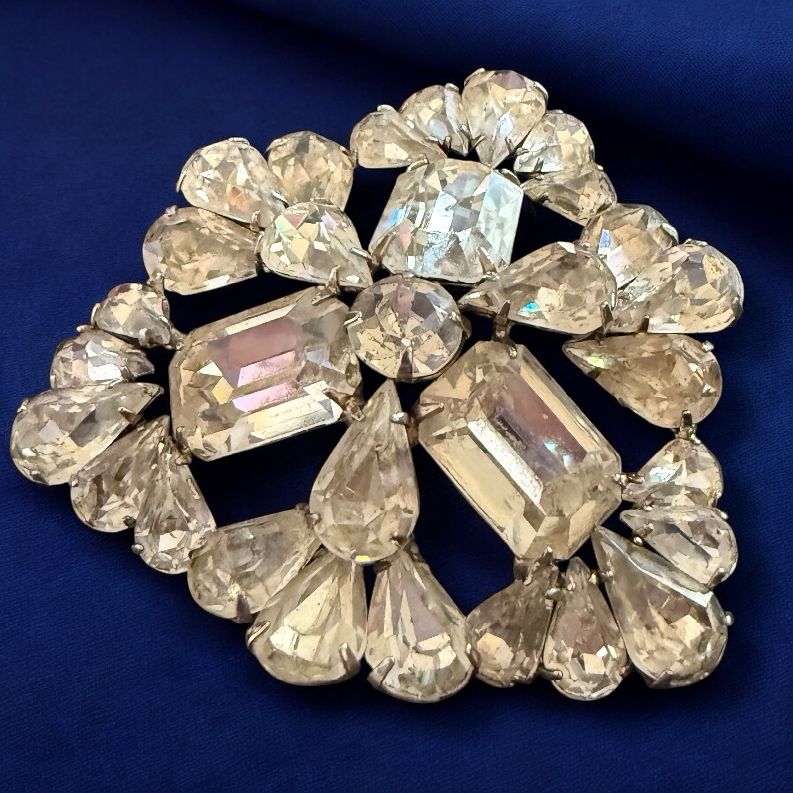 Extra Large Rhinestone Brooch Pin Mid Century Floral Spray Clear Rhodium Plated