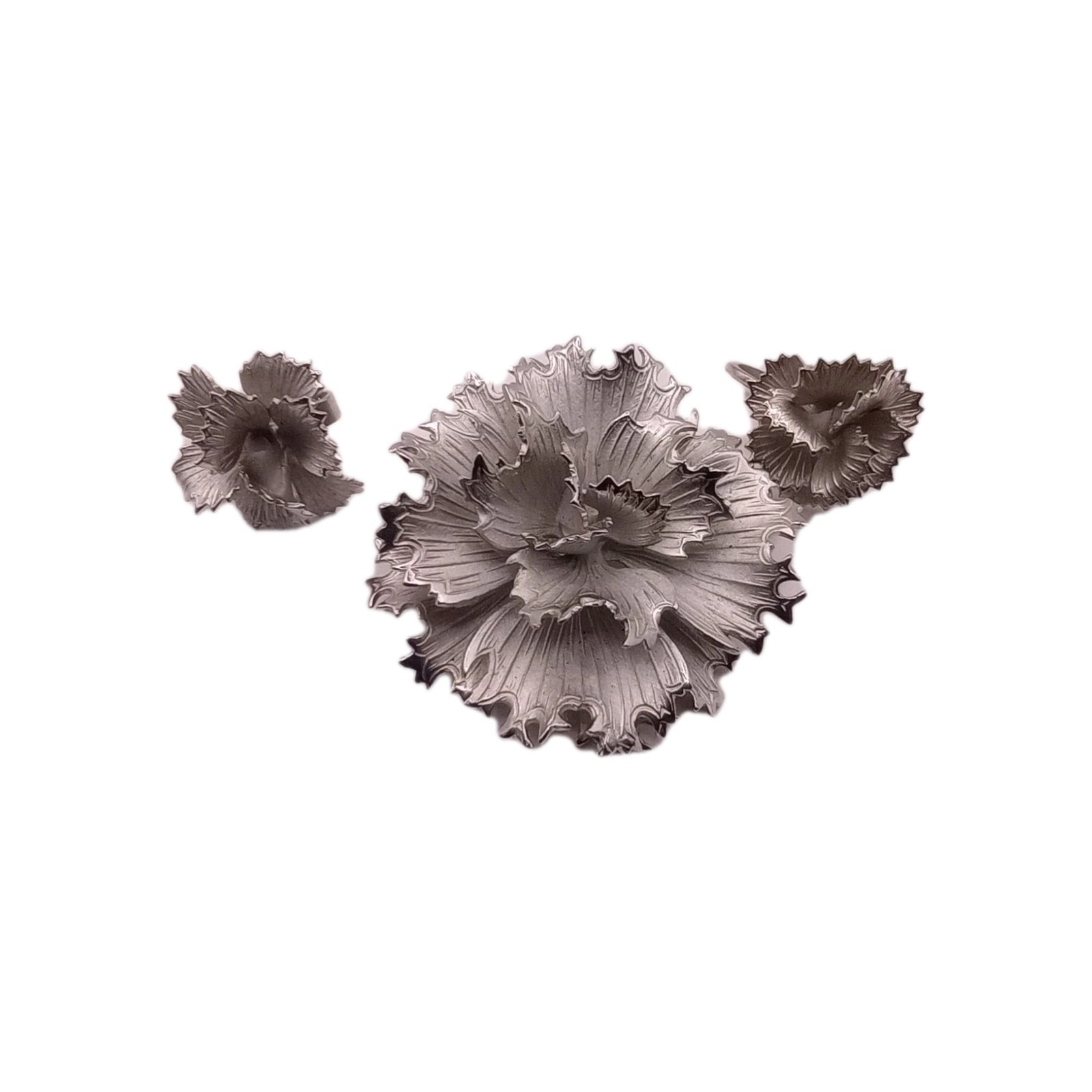 Vintage Lisner Floral Brooch 2 in And Earring Set 3D Leverback Silver Tone