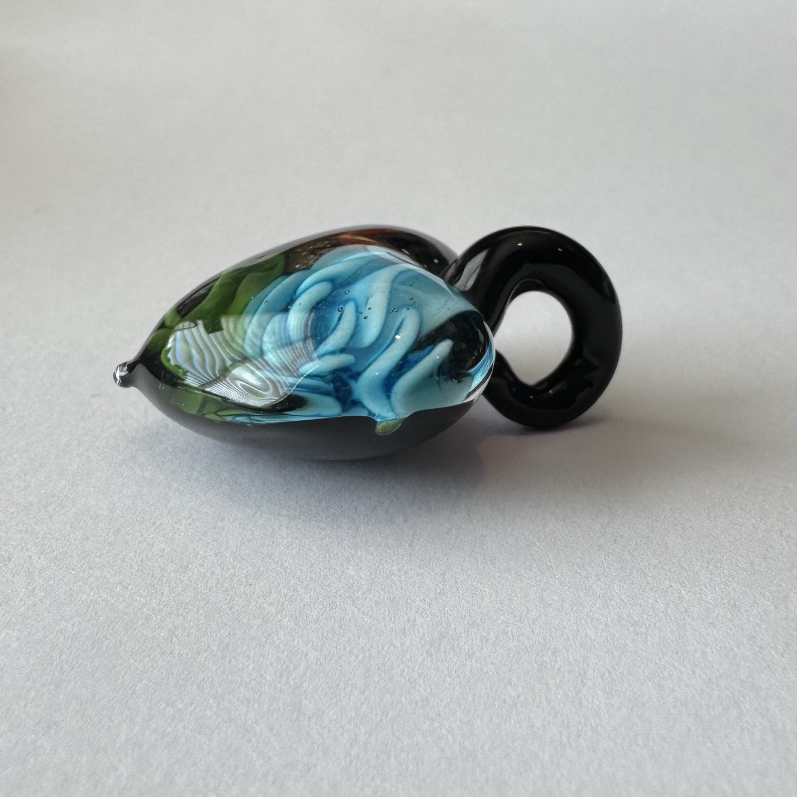 Lampwork Glass Heart Pendant with Radiant Blue Floral Blossom and Gold Glitter