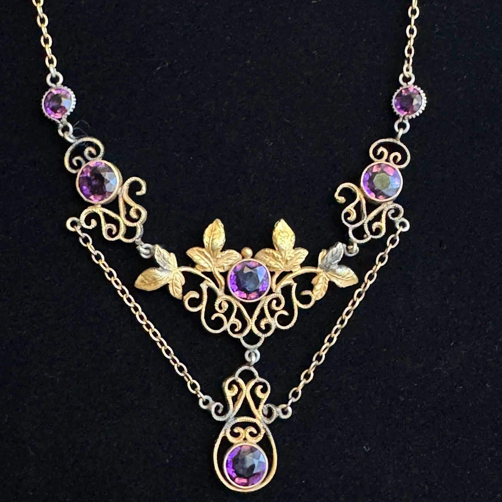 Vintage 12K GF Art Nouveau Revival Festoon Necklace Purple Glass Ivy Leaves