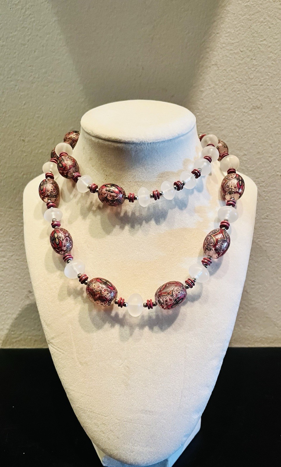 Vintage Japanese Necklace Pink, Purple, White, Glass Beads Marked Japan 1960s