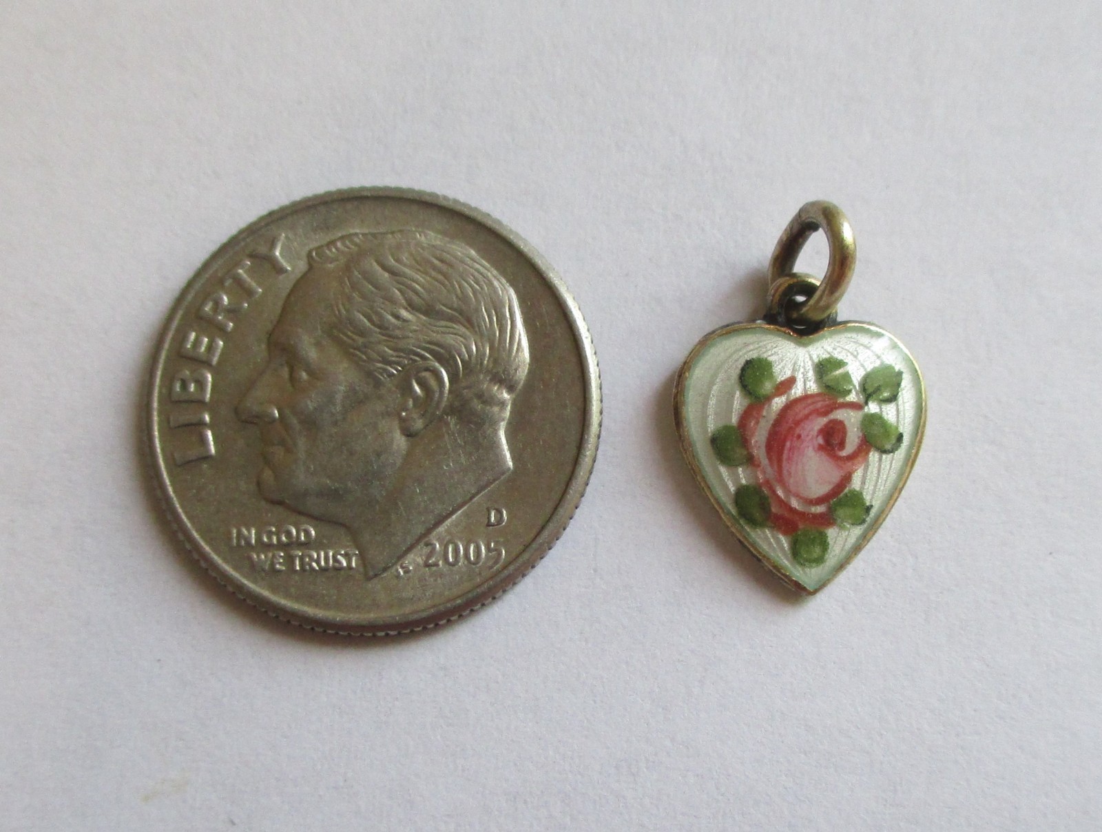 1/2in SMALL VINTAGE STERLING SILVER ENAMEL ROSE FLOWER HEART CHARM Gold Wash