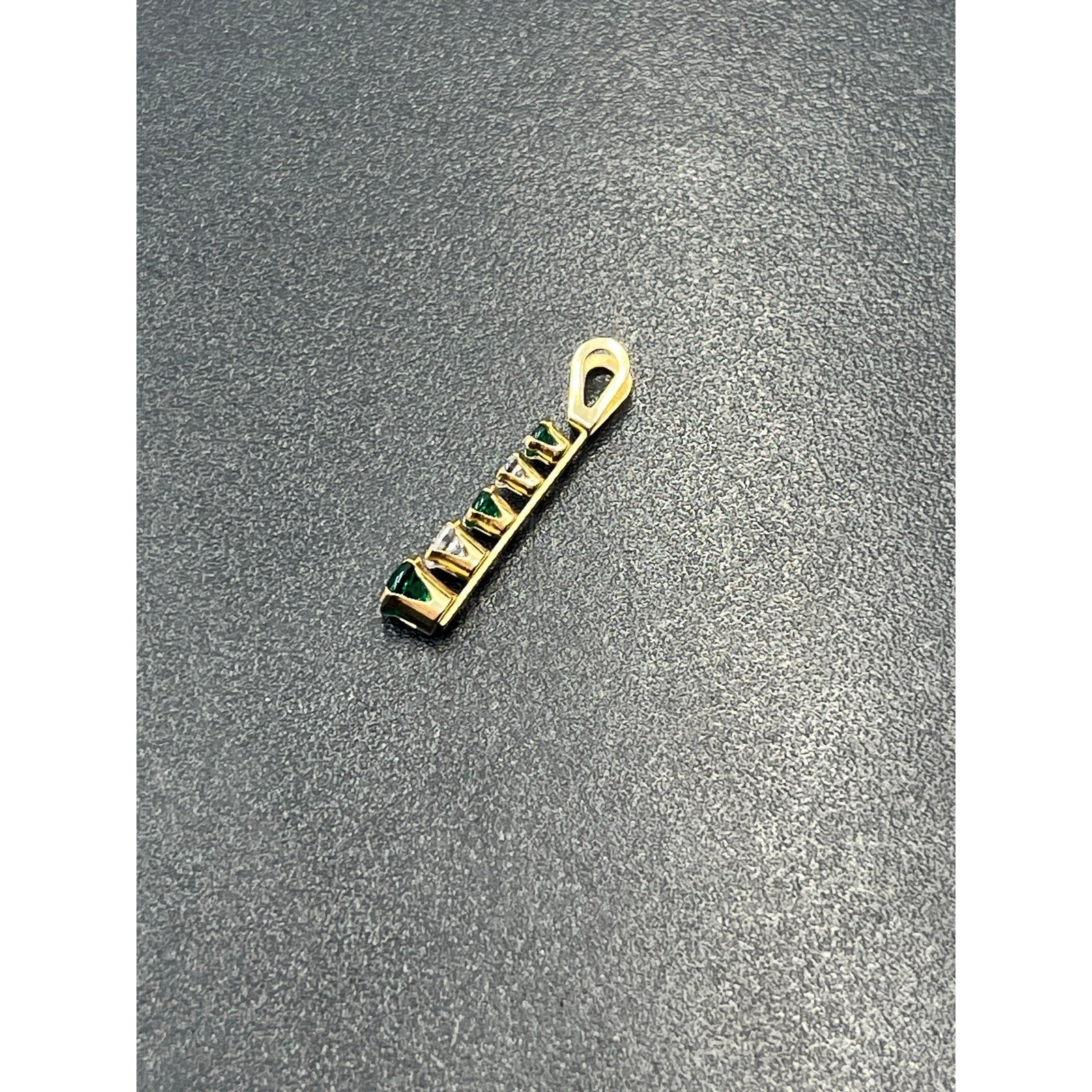 10k Yellow Gold Round Prong Set Emerald and CZ Linear Vertical May Pendant