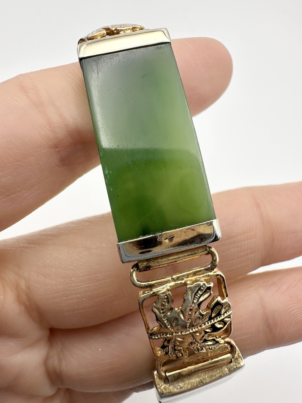 Vintage Gold Over Sterling Silver Natural Nephrite Jade Maple Leaf Bracelet 7.75