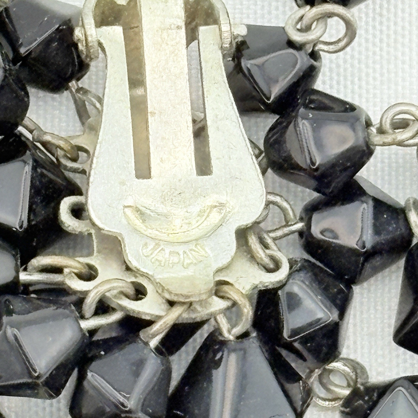 Vintage Japanese Black/Clear Glass Bead Cluster Dangle Earrings Clip On