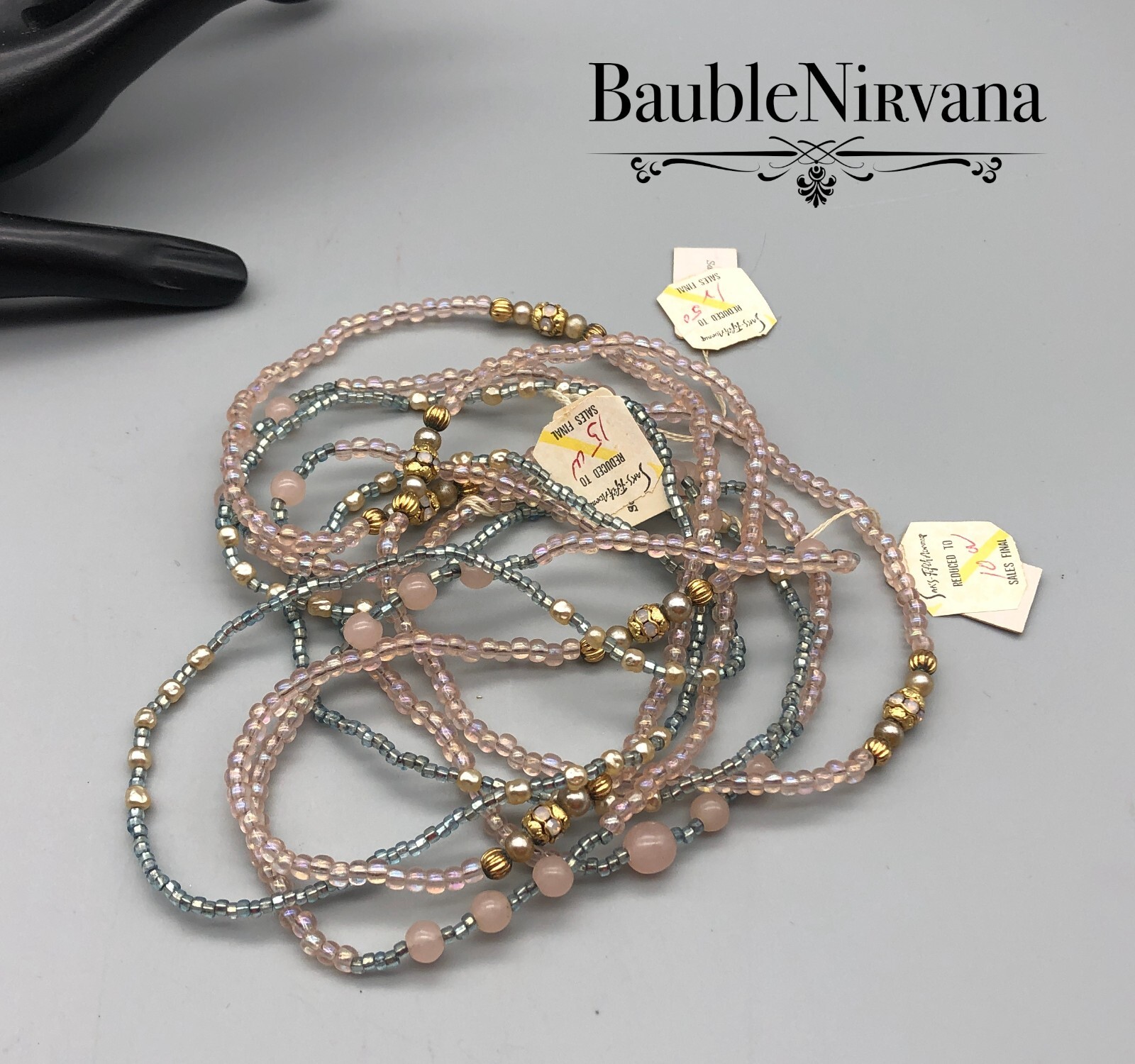 Set of 3 Vintage Aurora Borealis Glass Bead Necklaces Pink Blue Gold Never Worn