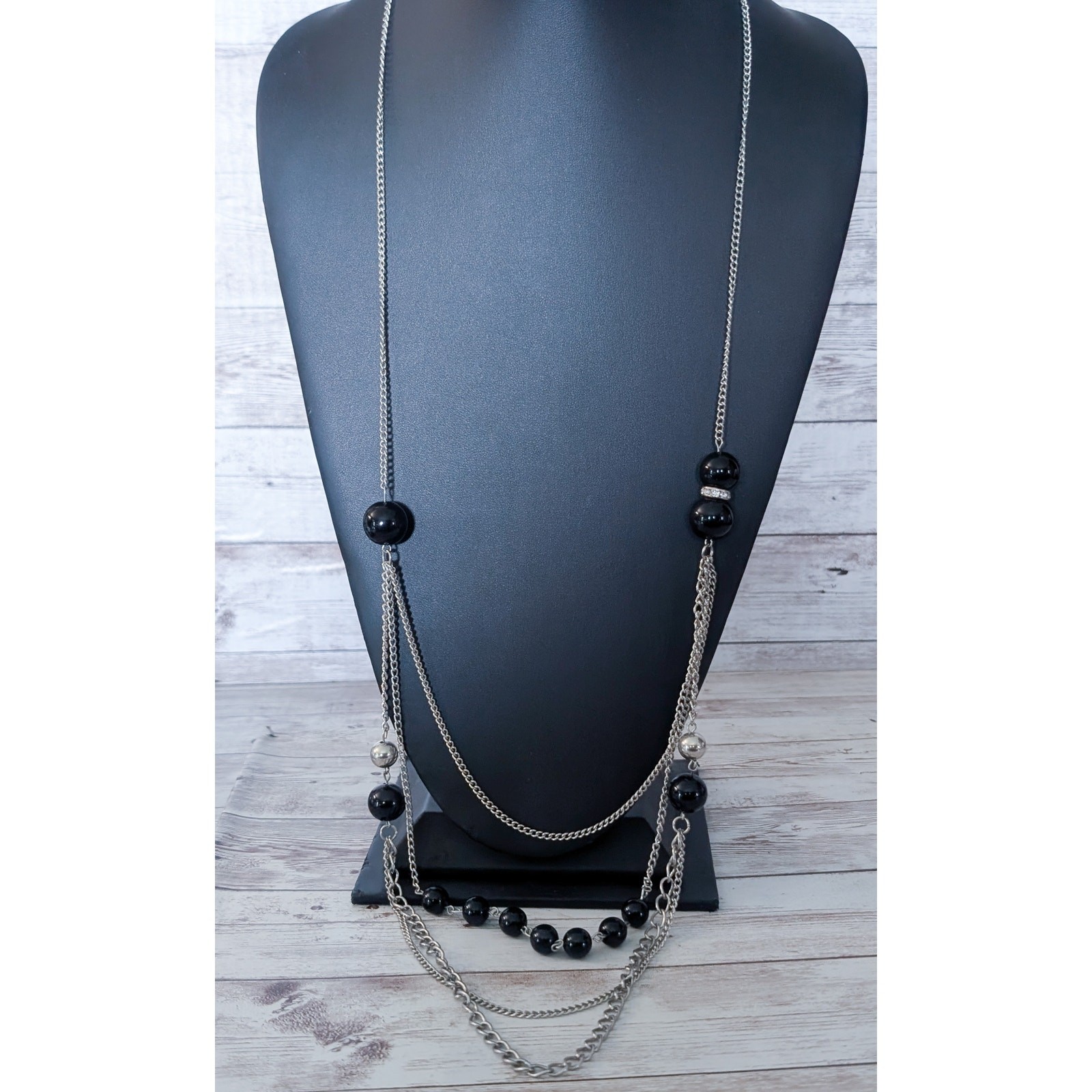Vintage Necklace Layered Silver Tone with Black Accents Statement
