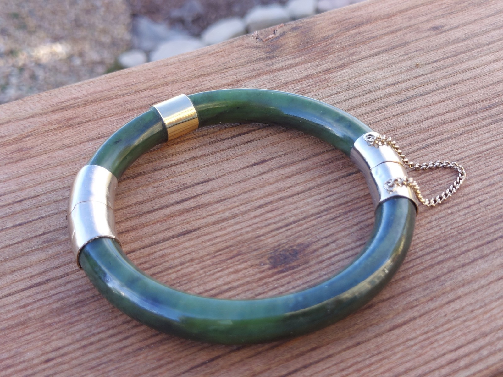 Lovely Hinge Jade Bangle Bracelet Dark Green Jadeite Pale Gold Tone Vintage
