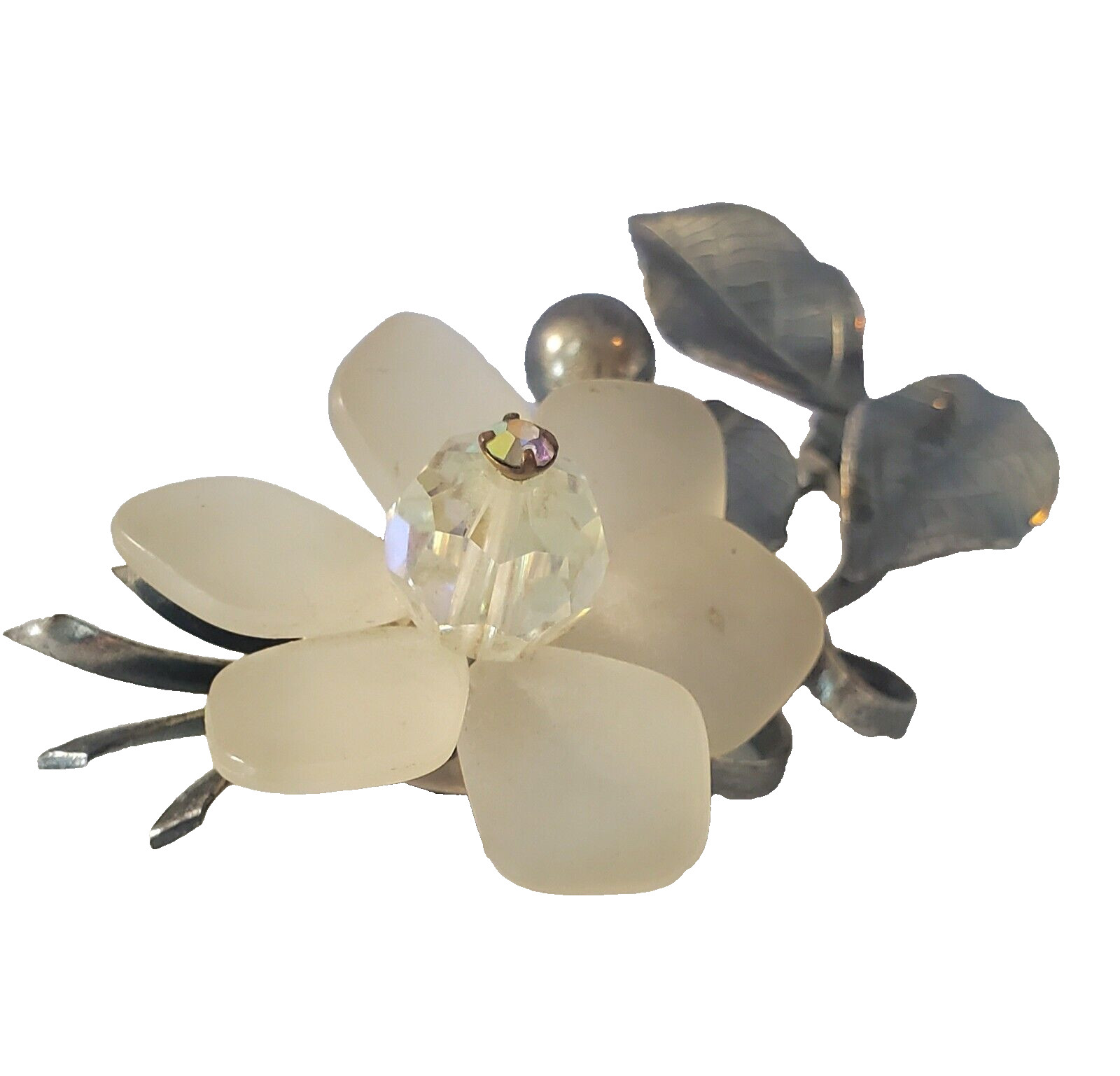 Vintage Frosted Lucite Flower Brooch Pin Crystal Stone Center Pewter Tone Metal