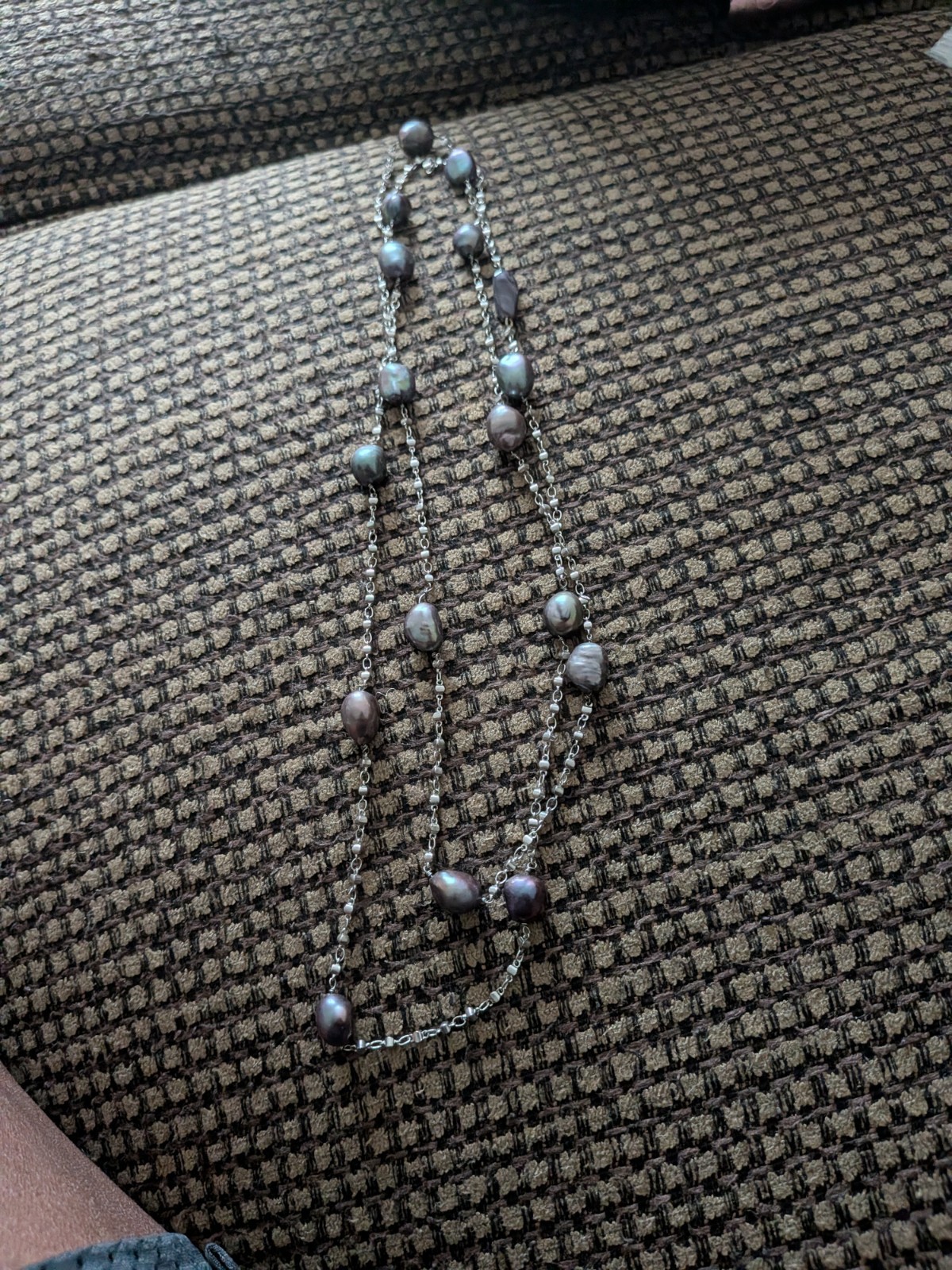 Long vintage black gray and white baroque natural pearl sterling silver necklace