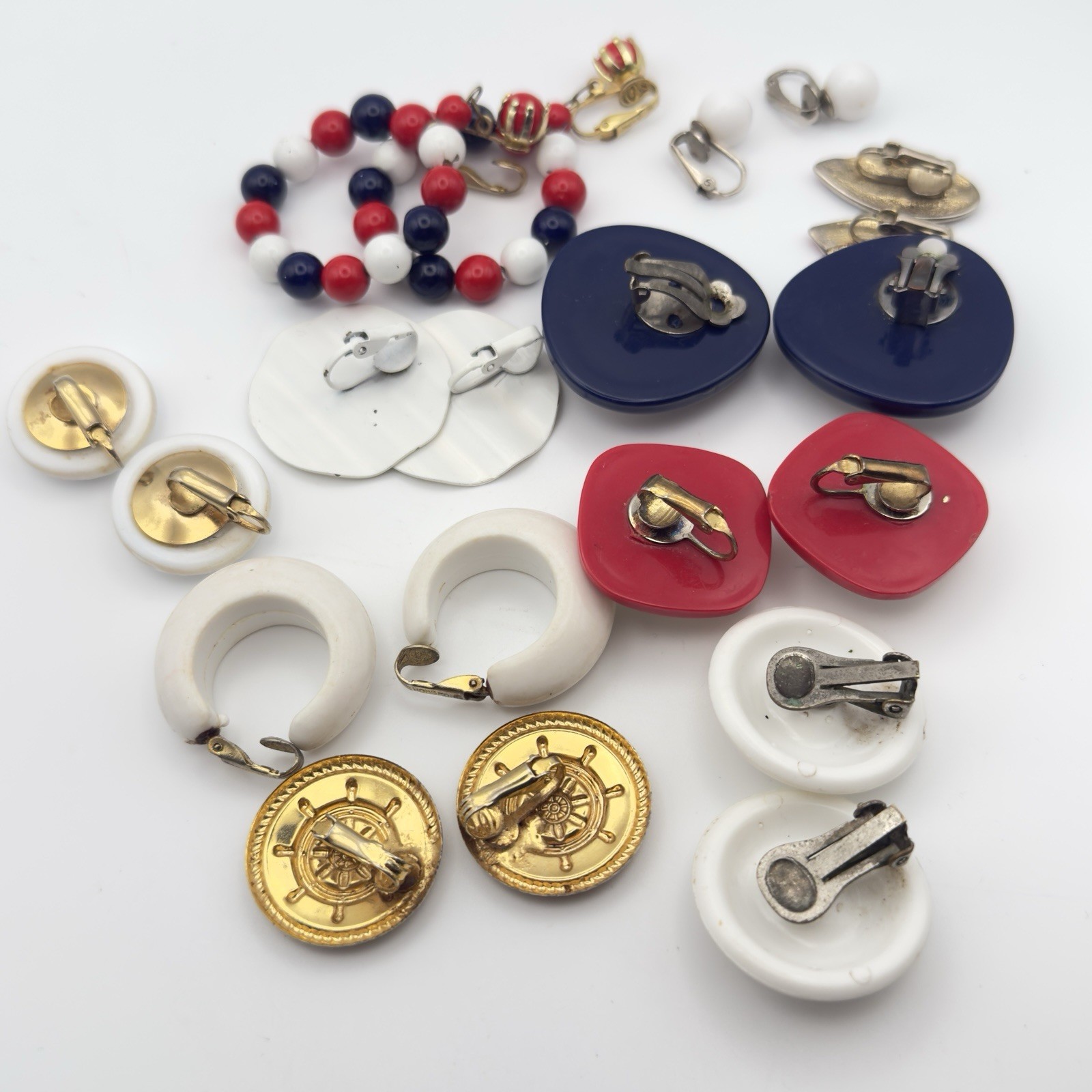 Vintage Clip On earrings Lot Nautical Red White Blue Hoop Button Retro 10pr USA