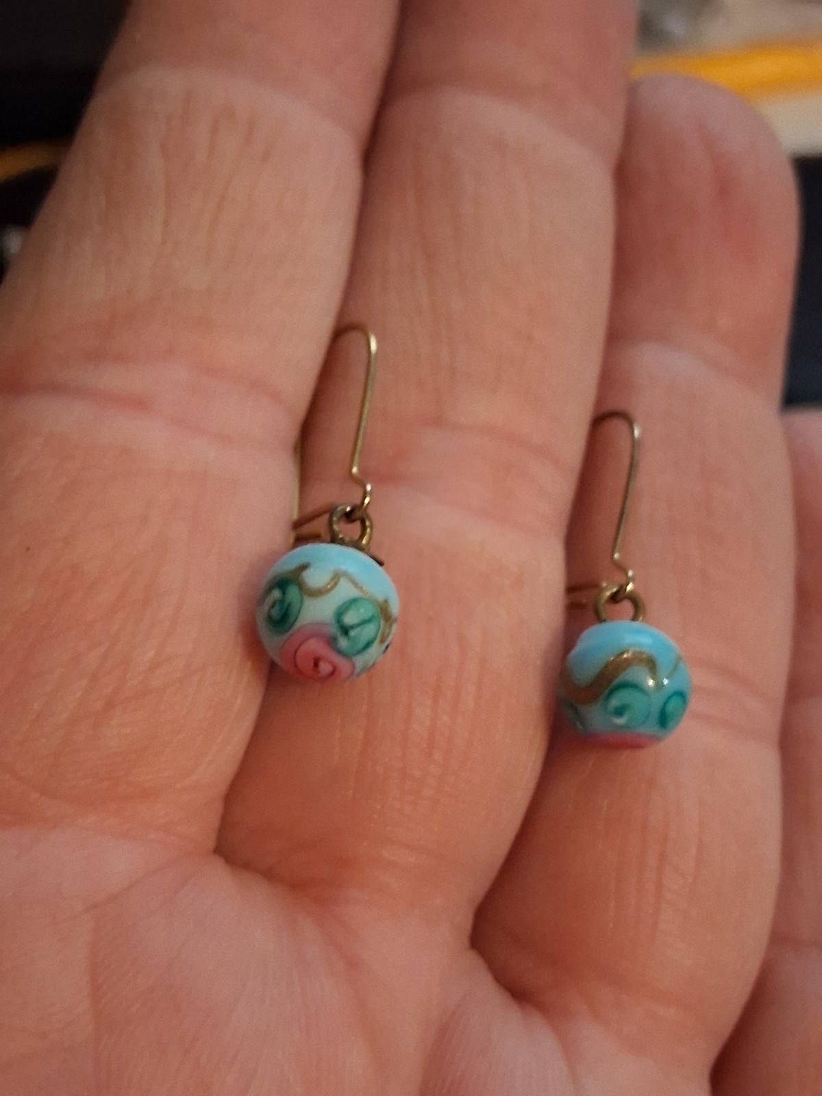 Turquoise blue lampwork bead dangle drop earrings w/pink flower, gold-plate earw