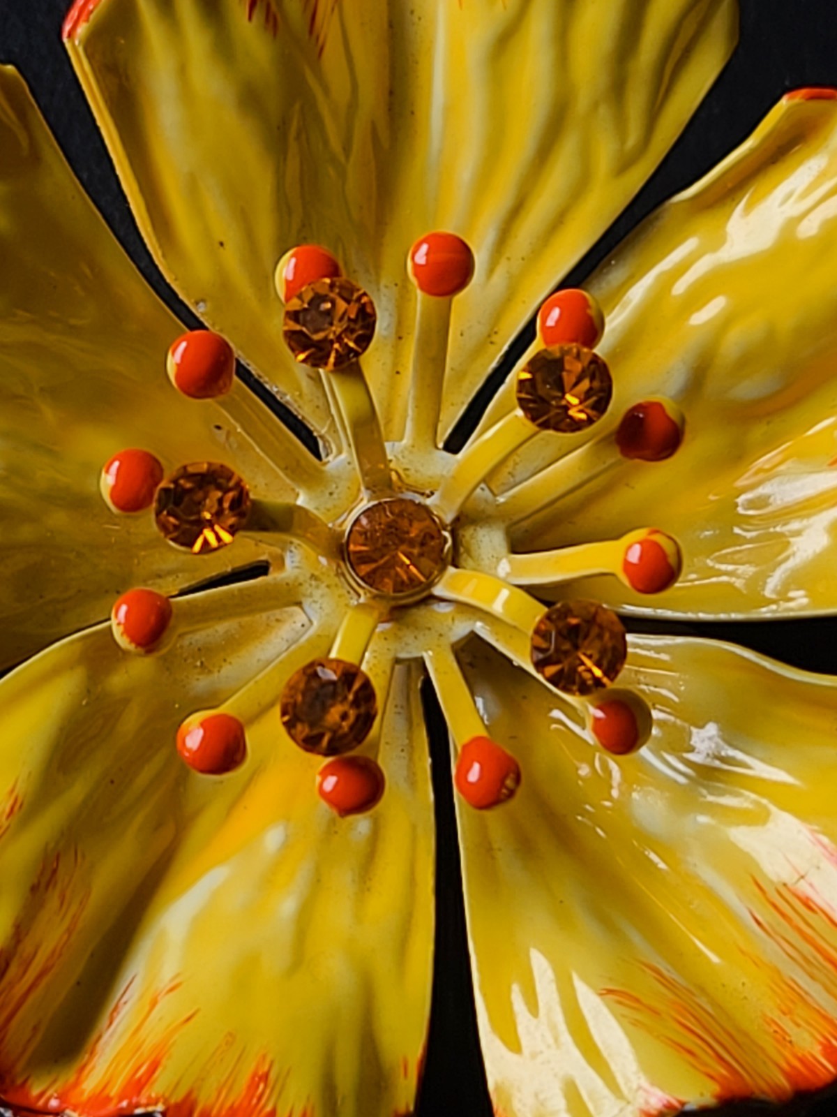 Vintage Yellow Enamel Poppy Flower Power Brooch Pin Hippie MCM Glows Under UV
