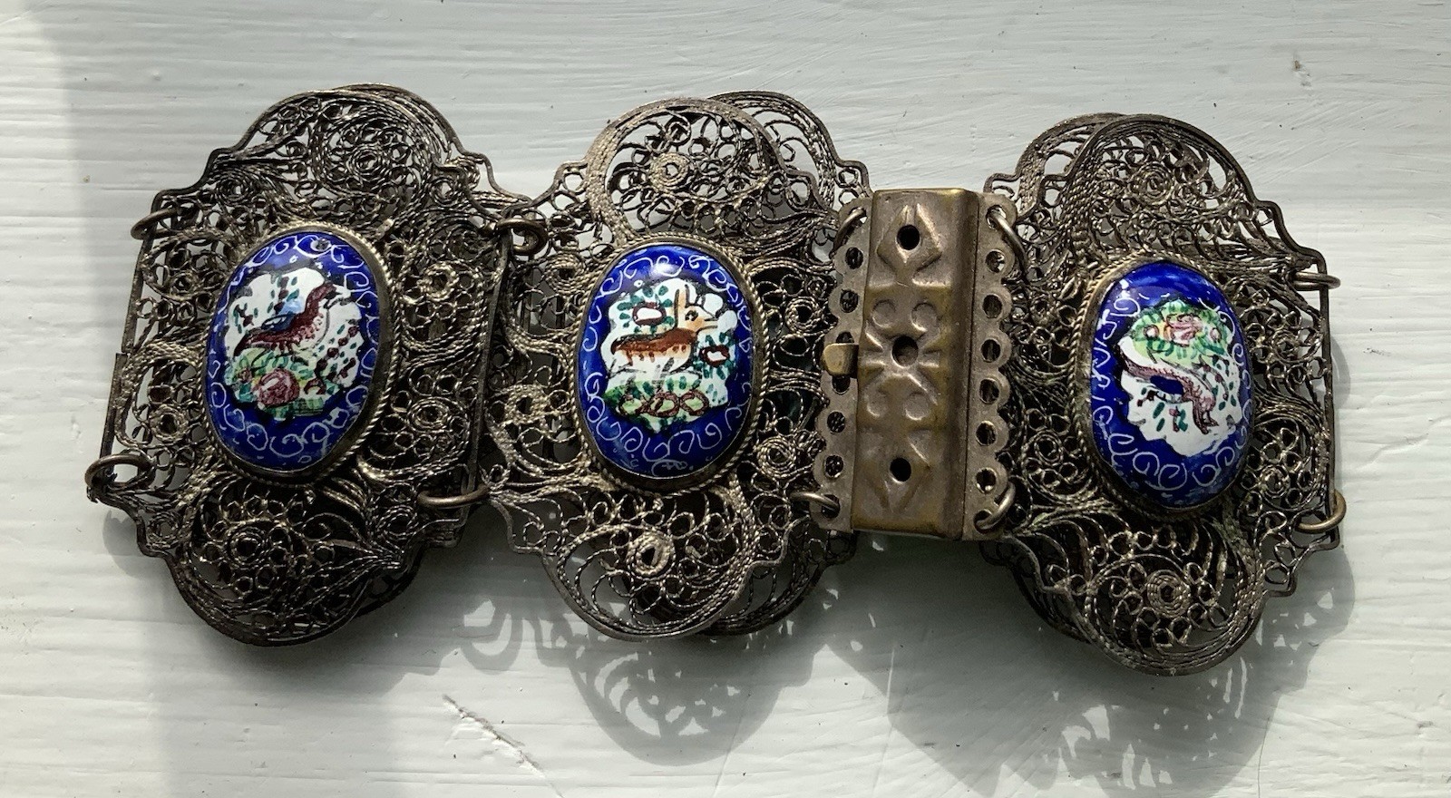 Vintage Chinese Silver Intricate Filigree Enamel Animals Plaques Story Bracelet