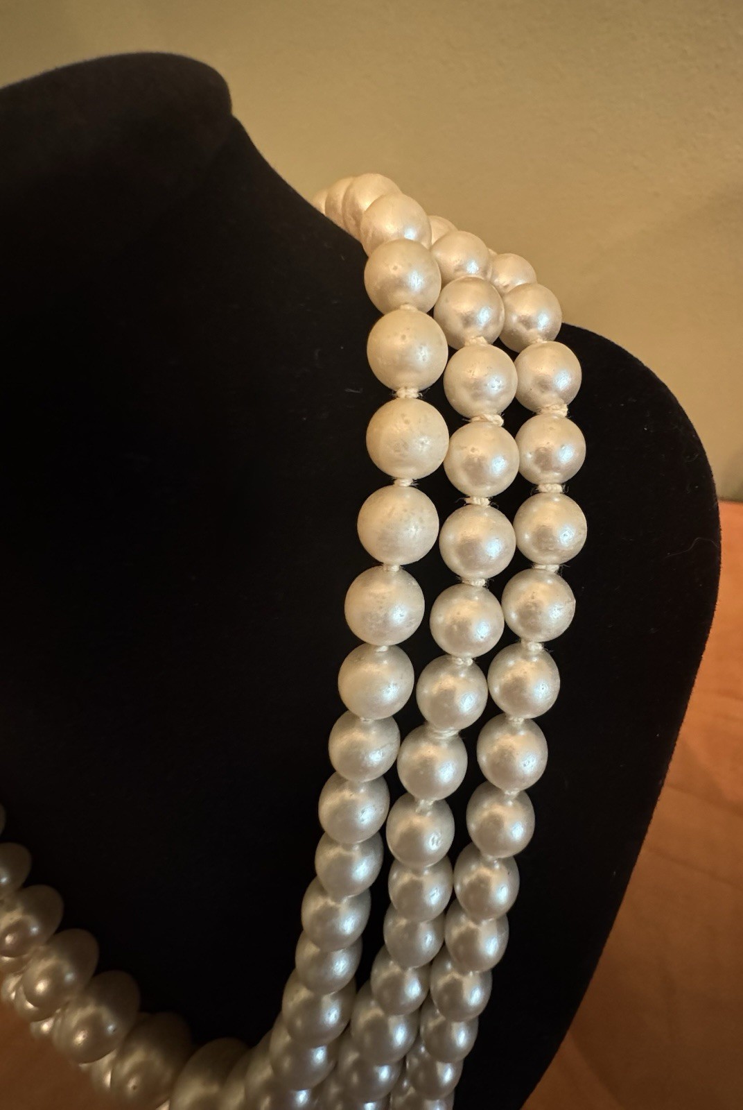 Antique Three Strand Hand Knotted Pearl Graduated Necklace Rhinestone Clasp