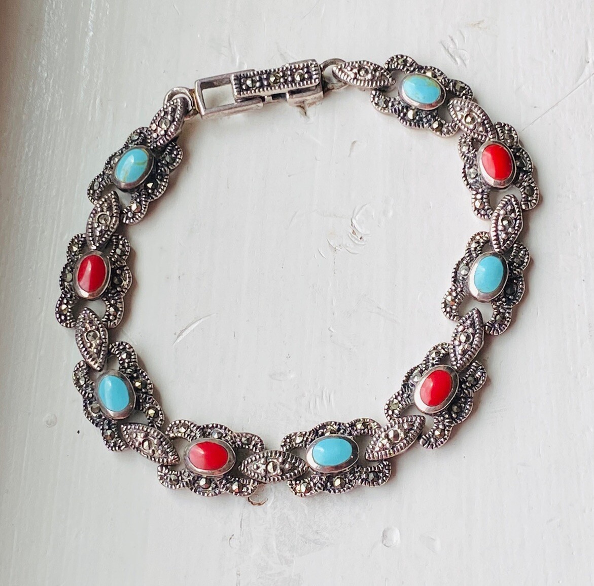 Vintage Sign Sterling Silver Multi Stone Turquoise Coral Marcasite Link Bracelet