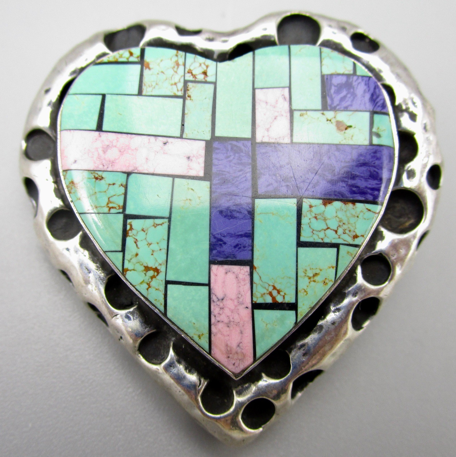 UNUSUAL DIAN MALOUF STERLING SILVER TURQUOISE MOSAIC HEART BROOCH PIN PENDANT 