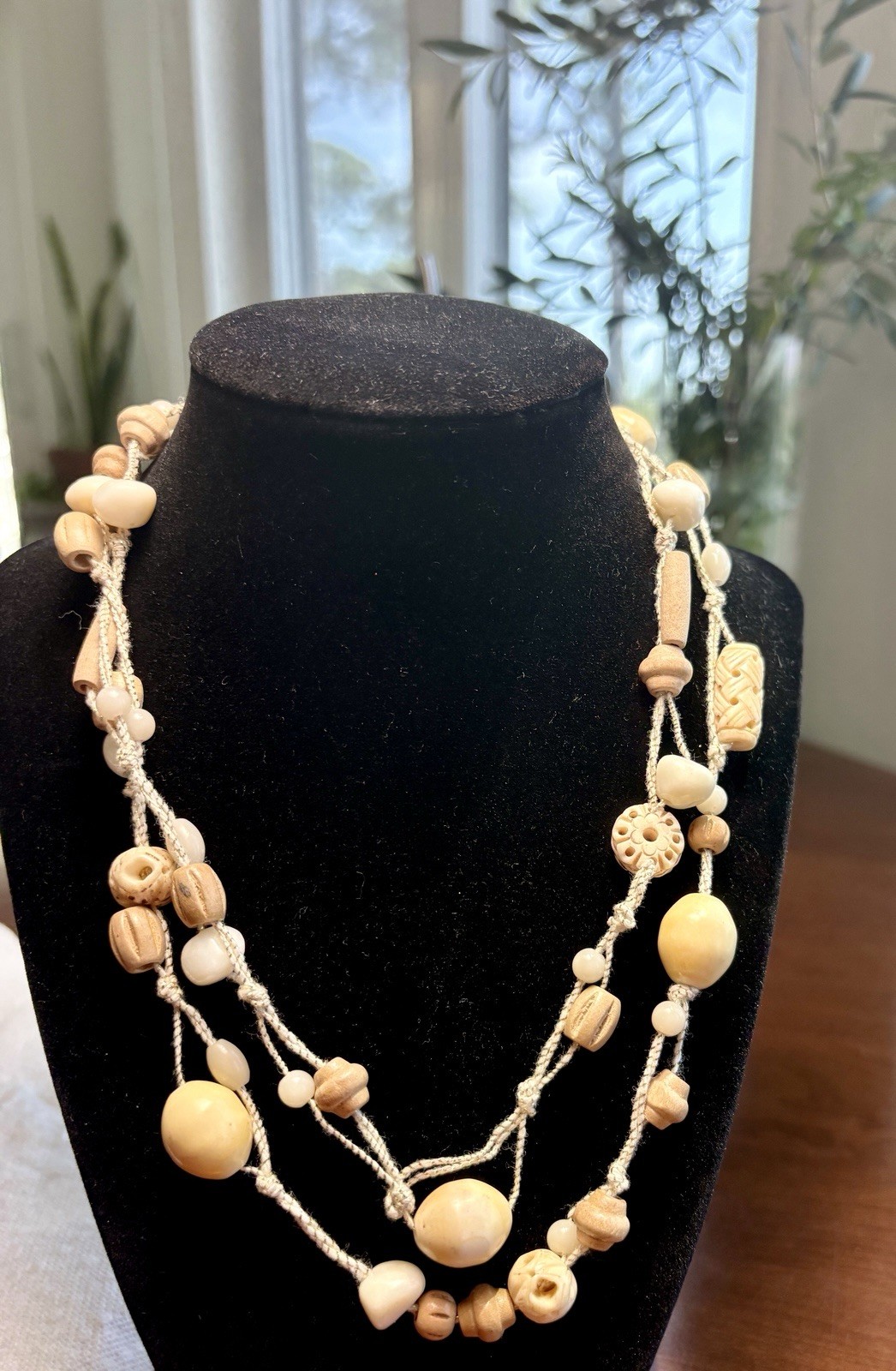 Vintage 90s Multi Strand Wood Bead Necklace Woven Cord Boho Bone Layered Choker