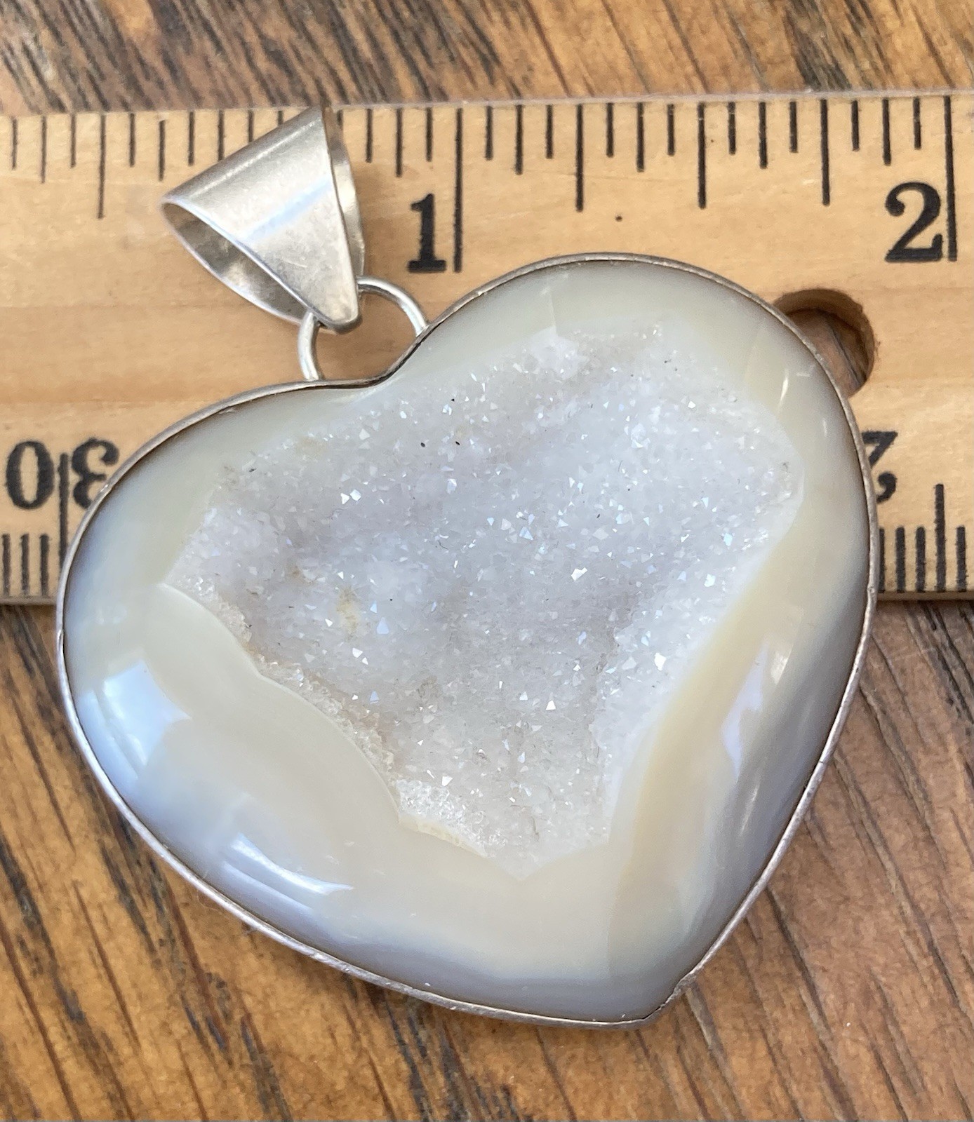 Druzy Pendant Sterling Signed Fifirose 925 Necklace Quartz Heavy Big bail Heart