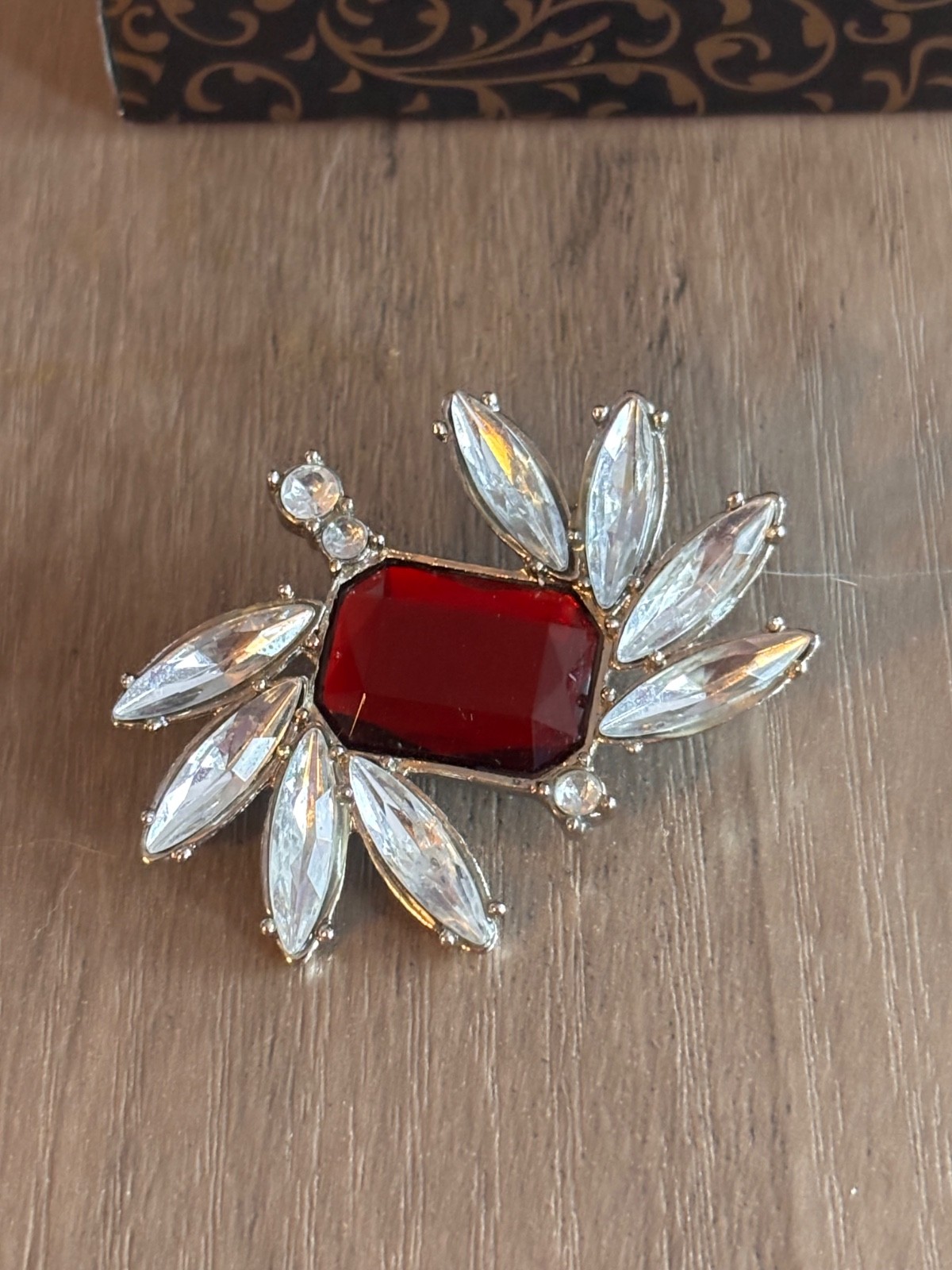 Vintage Silver Tone Brooch Red and Clear Rhinestone Accents