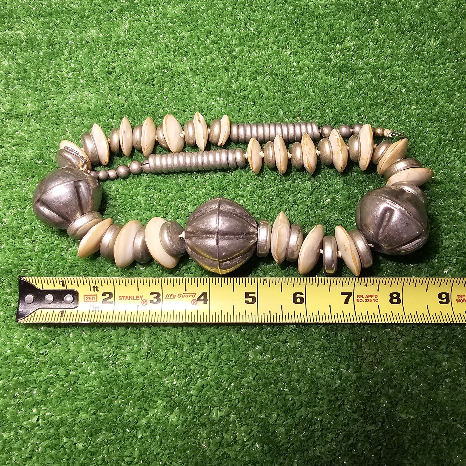 Tribal Ethnic Statement Necklace Pewter & Seashells 27″ Hook & Clasp