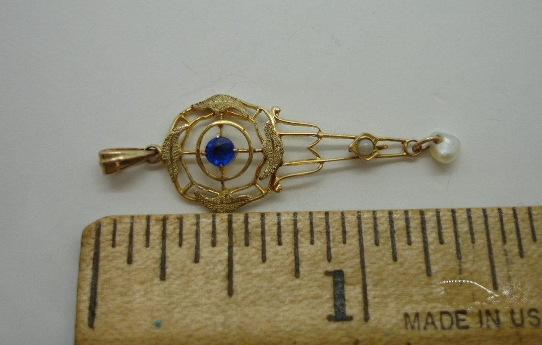 antique 10K gold blue birthstone Lavalier Pendant charm dangle drop wind pearl