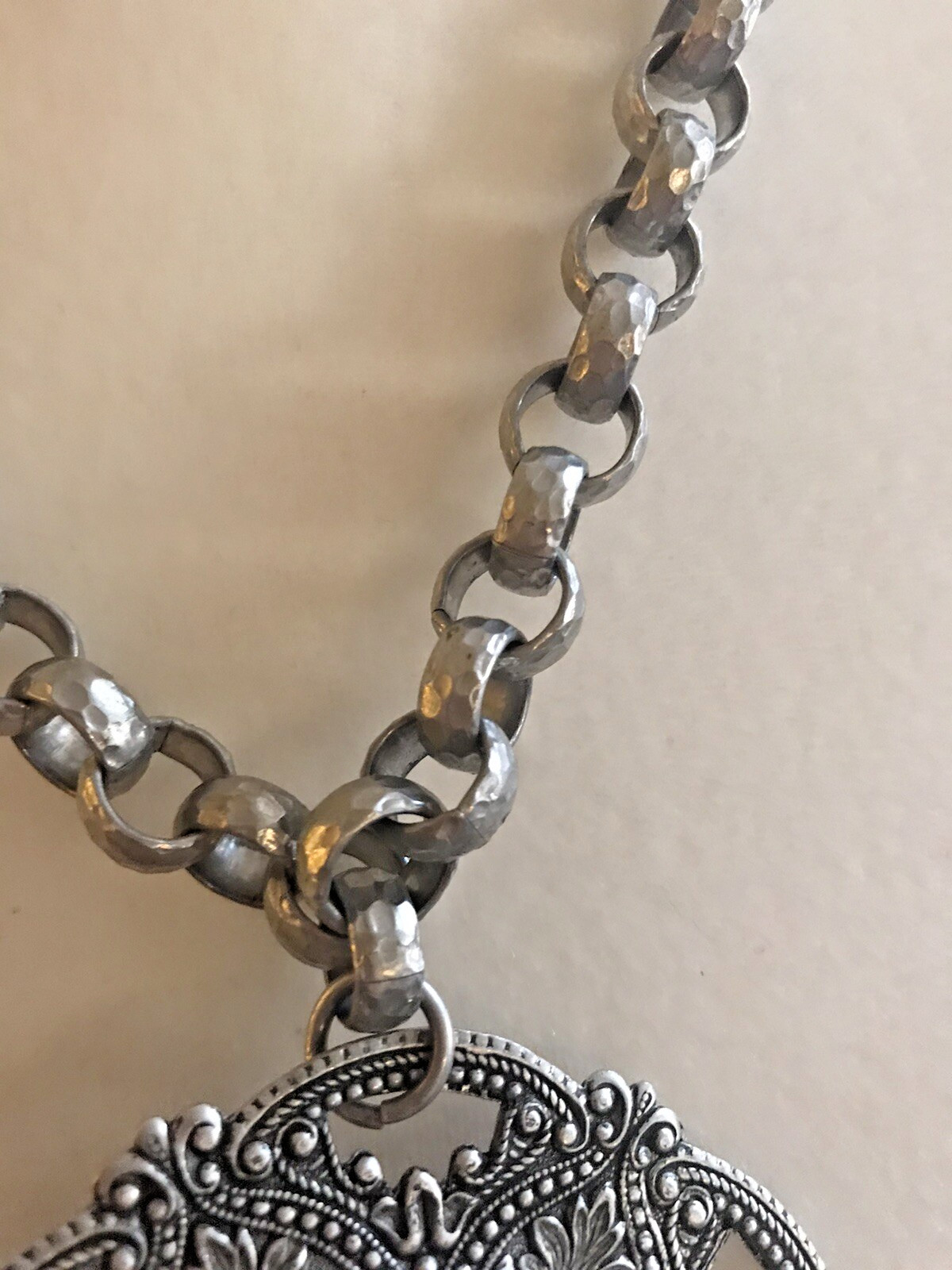 Gorgeous Ornate Vintage Aluminum Statement Necklace With Blue Stone