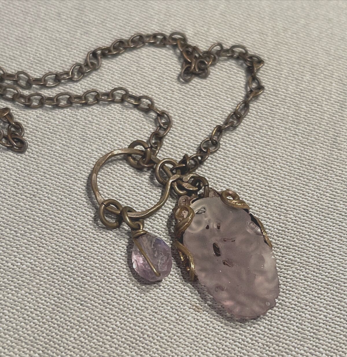 Handmade Lilacs and Lovebirds Vintage Inspired Glass/Brass/Tanzanite Necklace 18