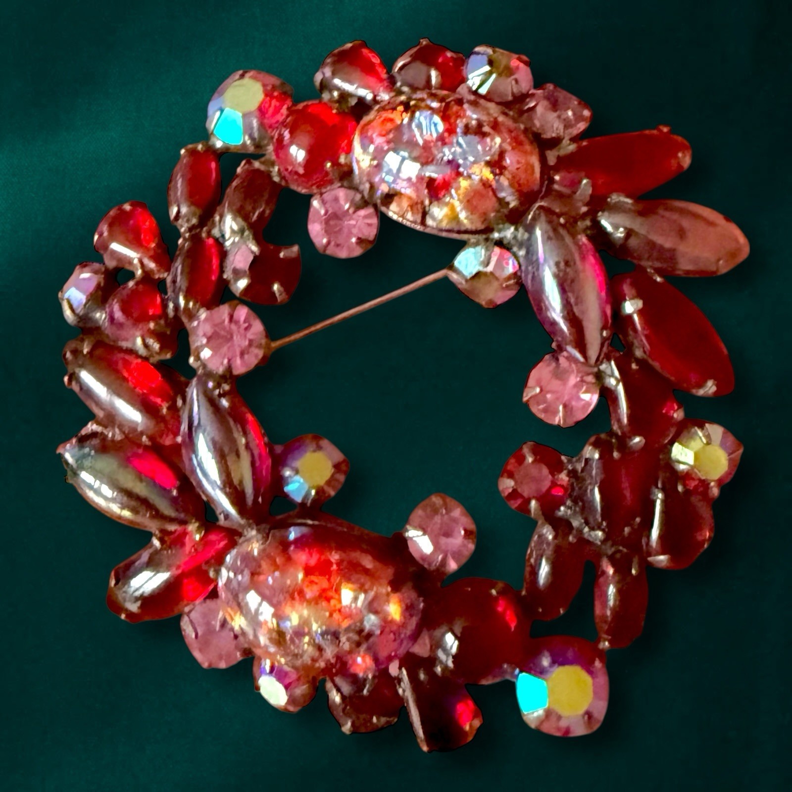 Red Rhinestone Brooch Large Art Glass Confetti Cabochon Vintage 3 Inch