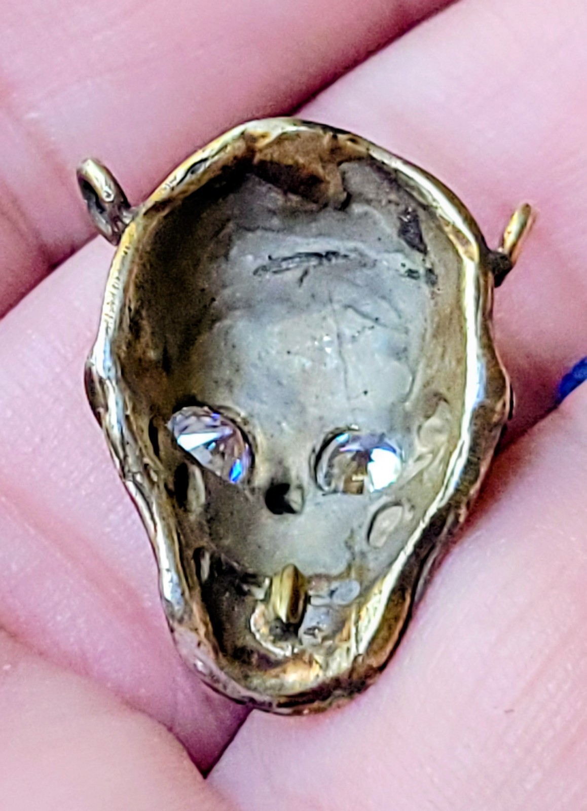 Vintage SKULL Pendant w Gem Eyes Gold On Sterling Silver Jeweled FANTASTIC