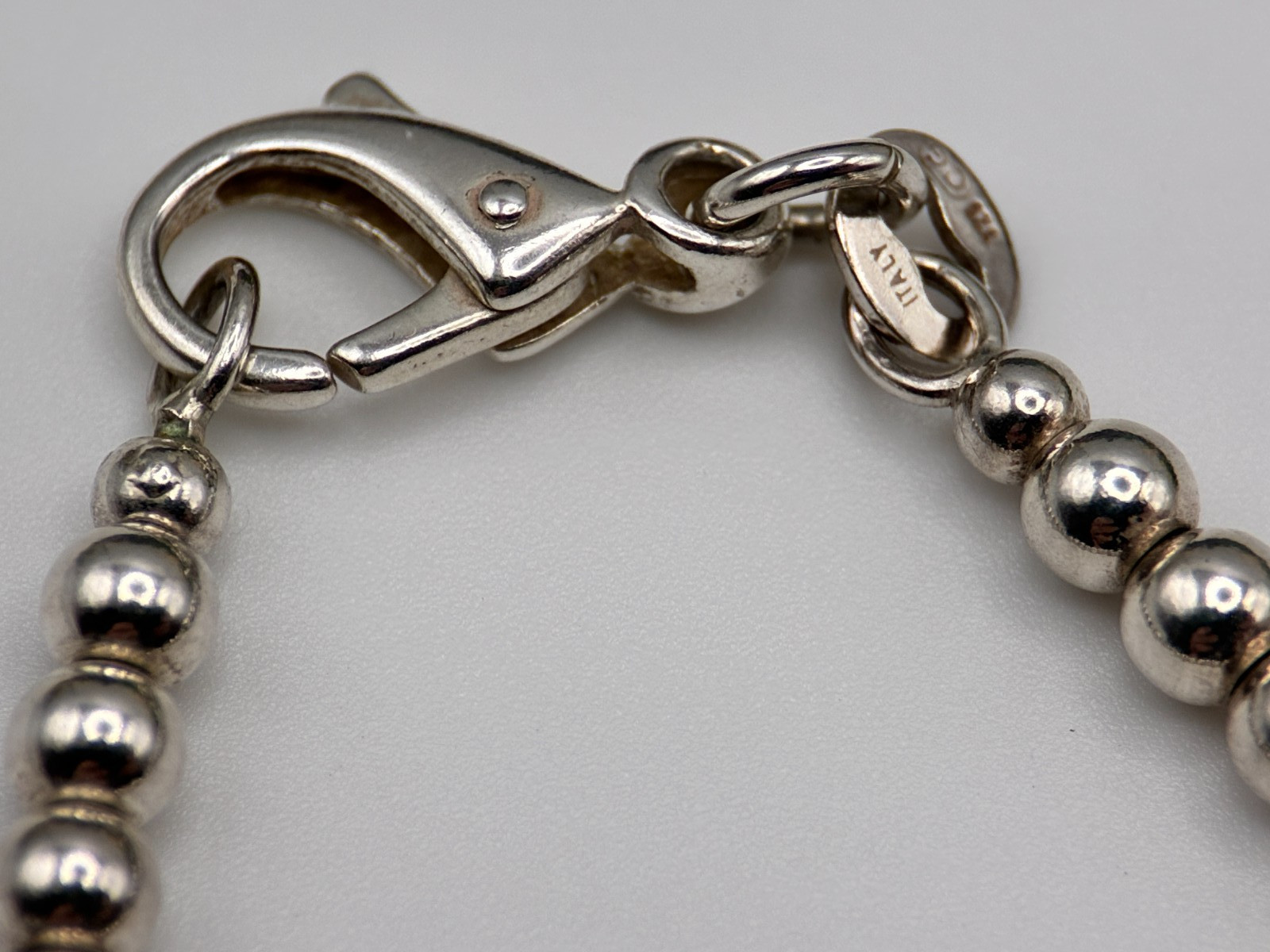 Vintage Italian 925 Silver Floating Bead Necklace with Five Puffy Dangle Hearts