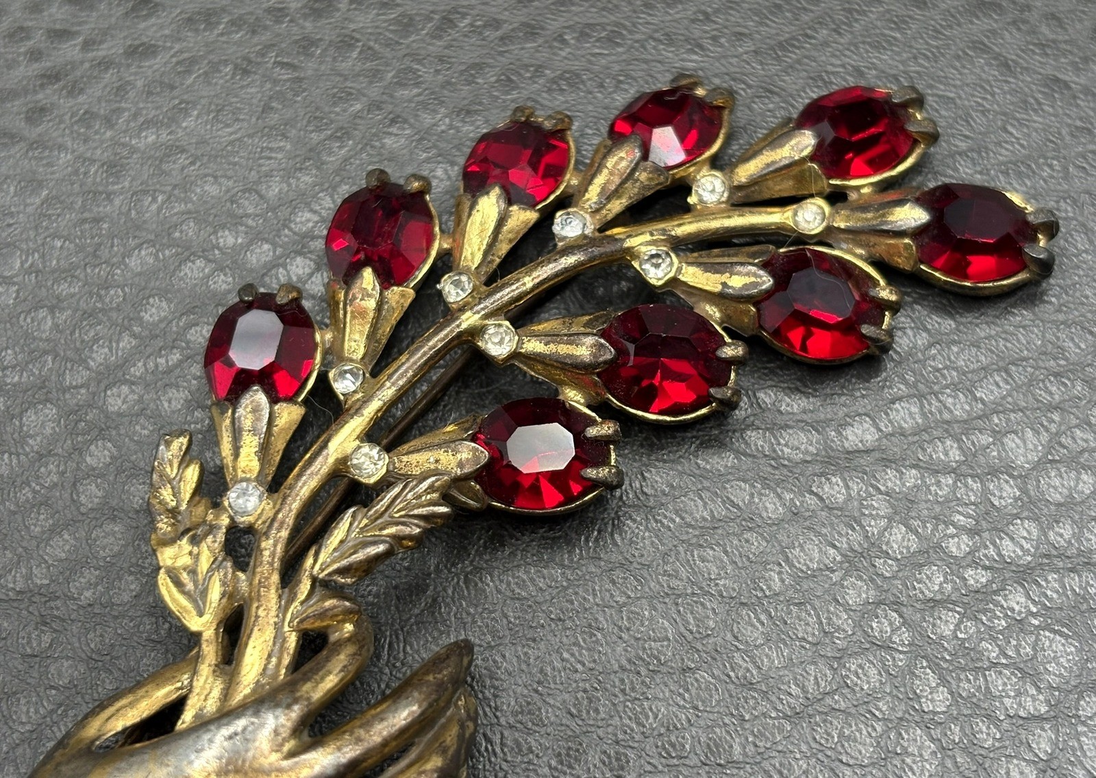 Vintage 4.25” HUGE Pot Metal Hand Holding Flowers Brooch Red Rhinestone