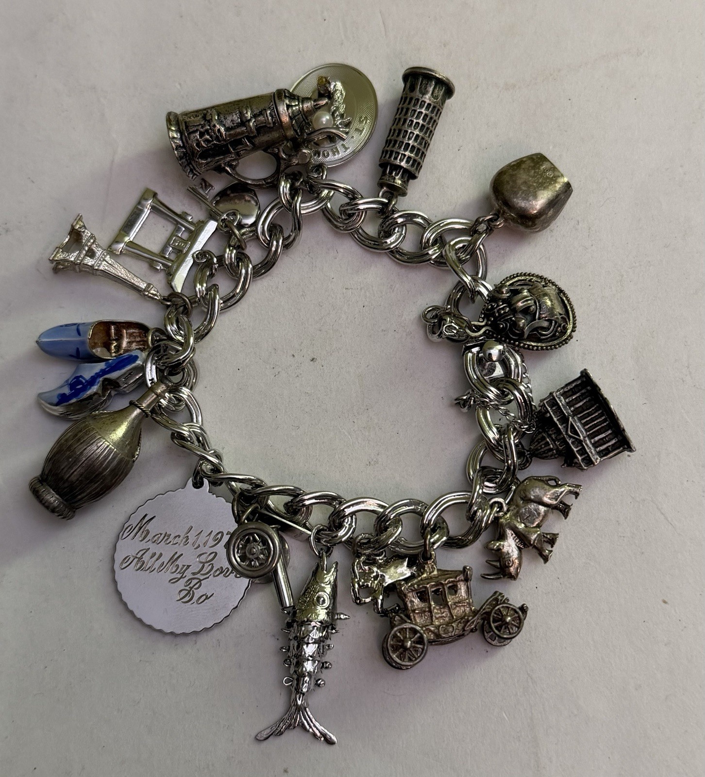 Vintage Sterling Silver Charm Bracelet 7.5” 64 Grams