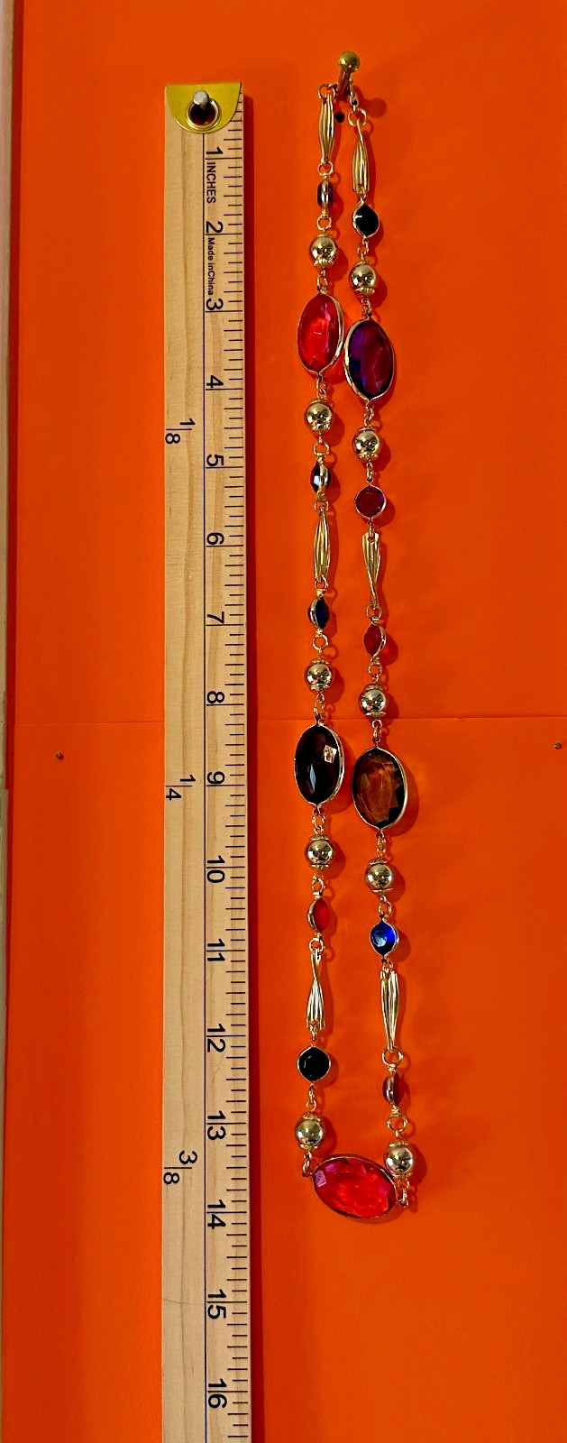 Vintage Open Bezel Lucite Necklace Gold Tone Multicolor Oval Round Faceted