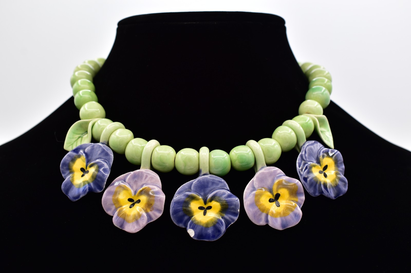 Flying Colors Vintage Pansy Flower Necklace Ceramic Beaded Floral Collar Choker